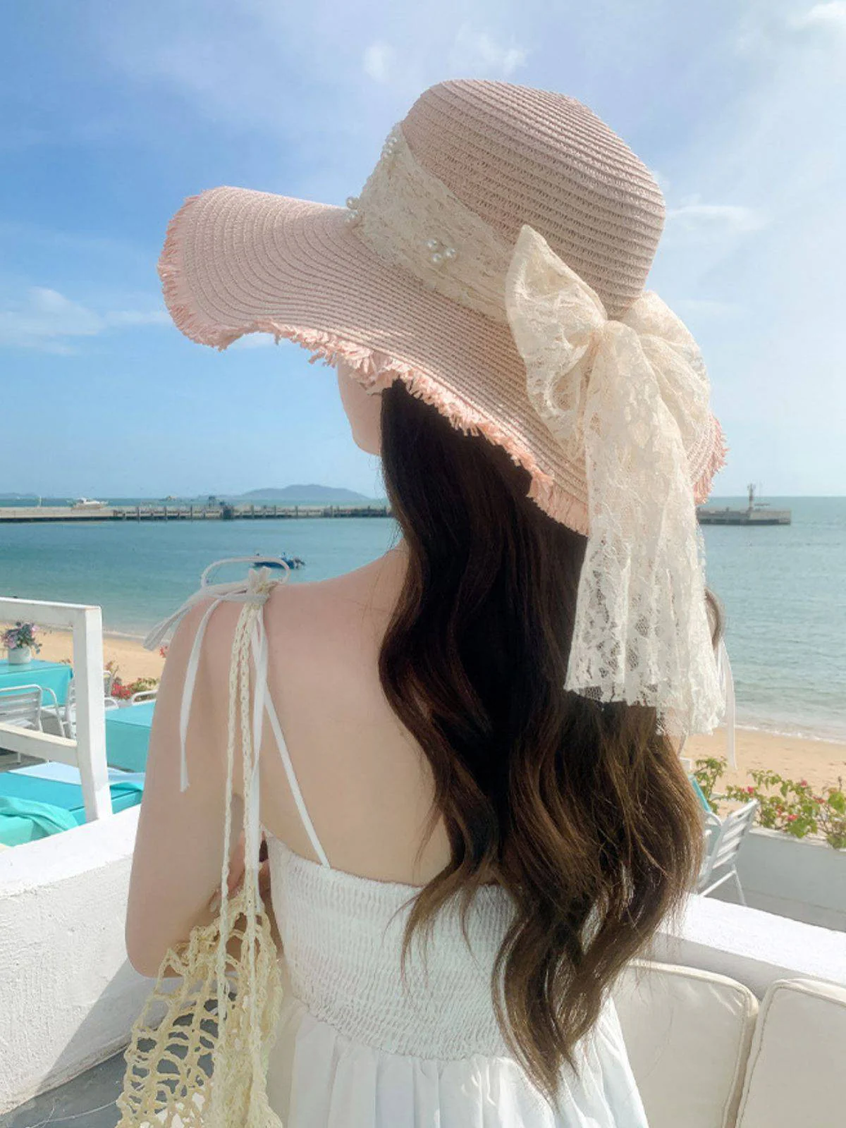 Vintage Lace Ribbon Wide-Brim Sun Hat - Image 3