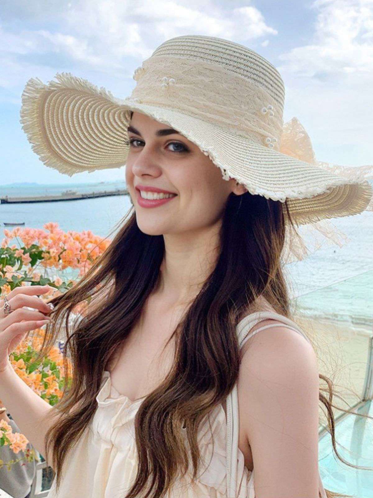 Vintage Lace Ribbon Wide-Brim Sun Hat - Image 4