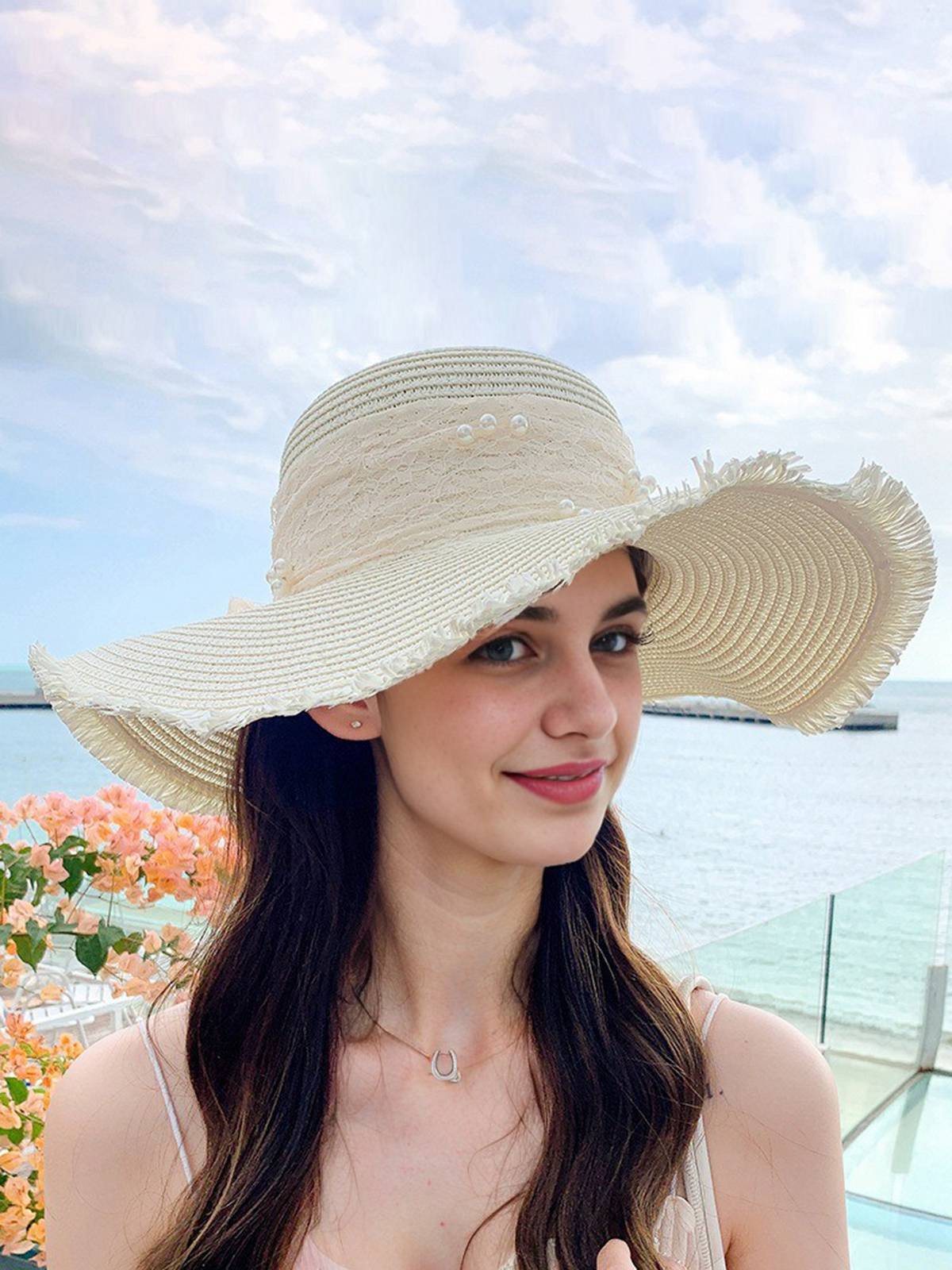 Vintage Lace Ribbon Wide-Brim Sun Hat - Image 5