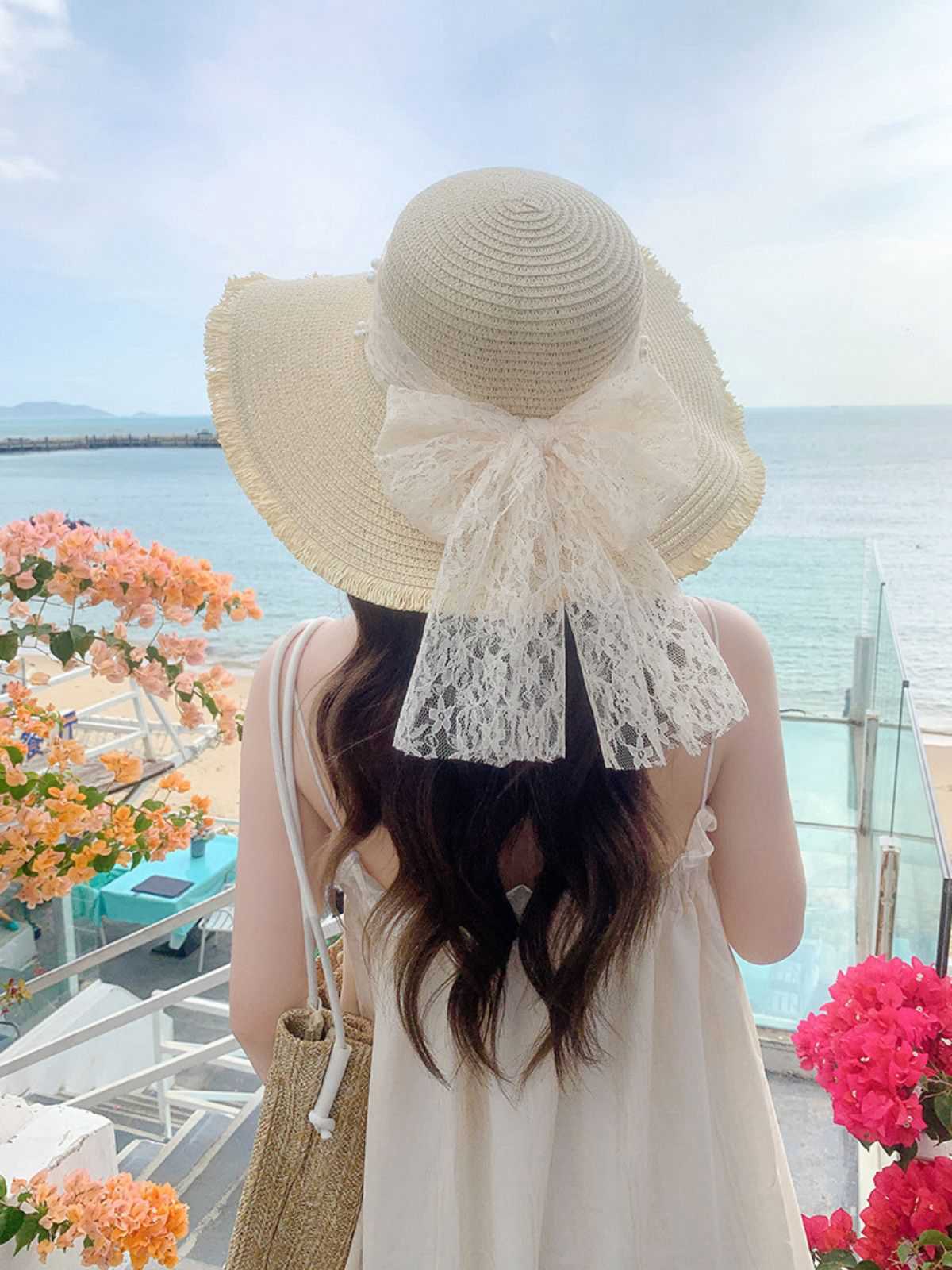 Vintage Lace Ribbon Wide-Brim Sun Hat - Image 7