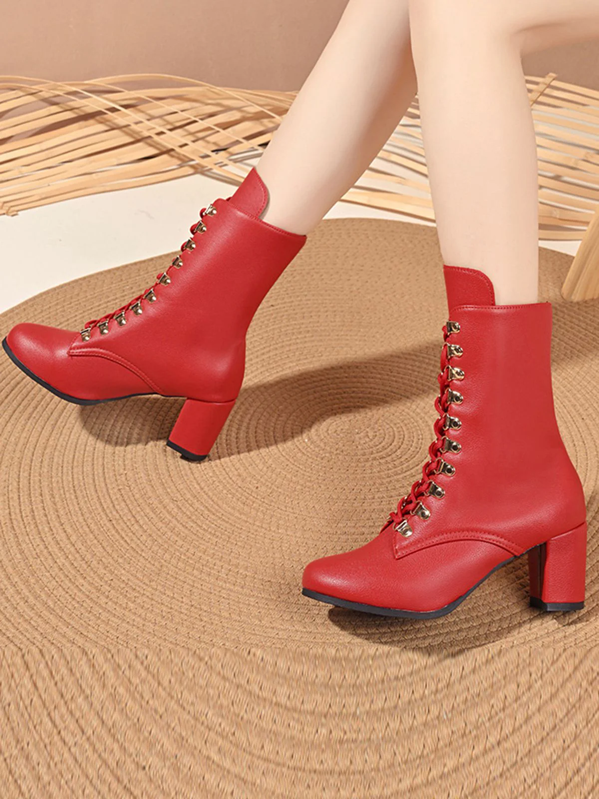 Vintage Lace-Up Ankle Chunky Heel Boots - Image 2