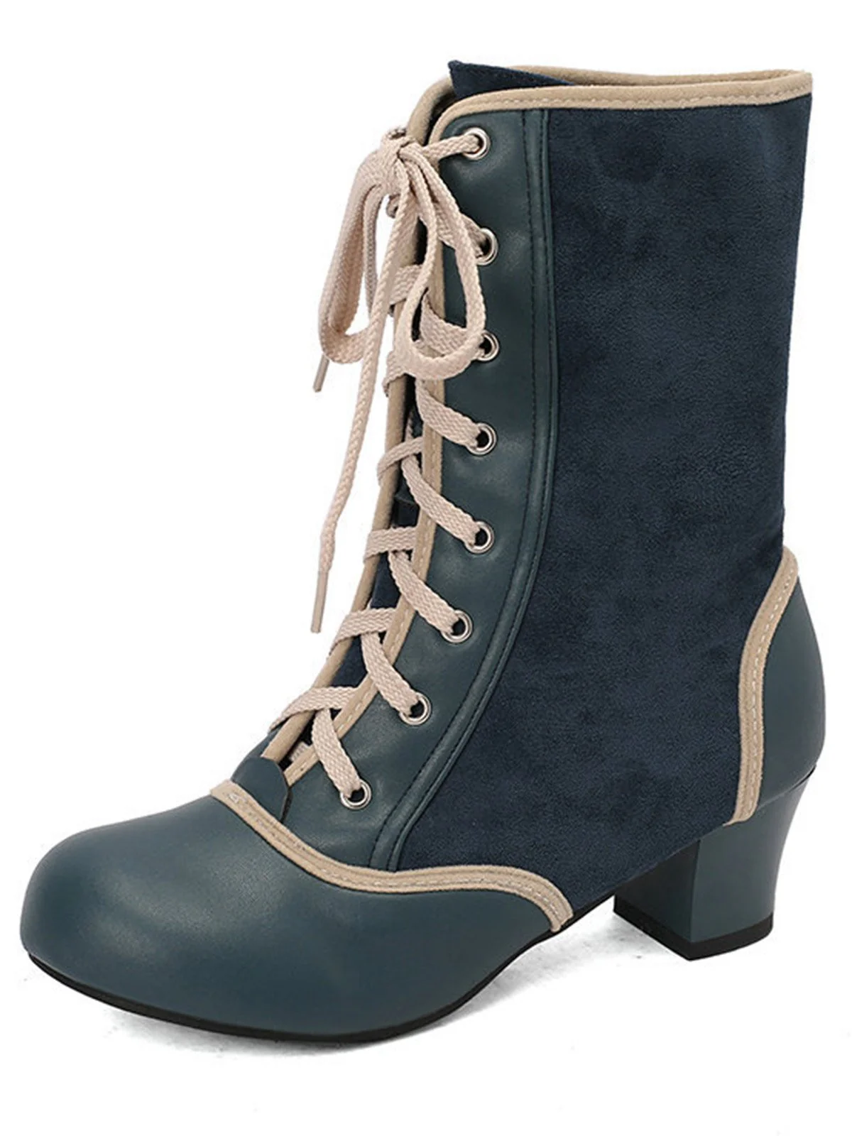 Vintage Lace-Up Faux Suede & Leather Mid Calf Boots - Image 10