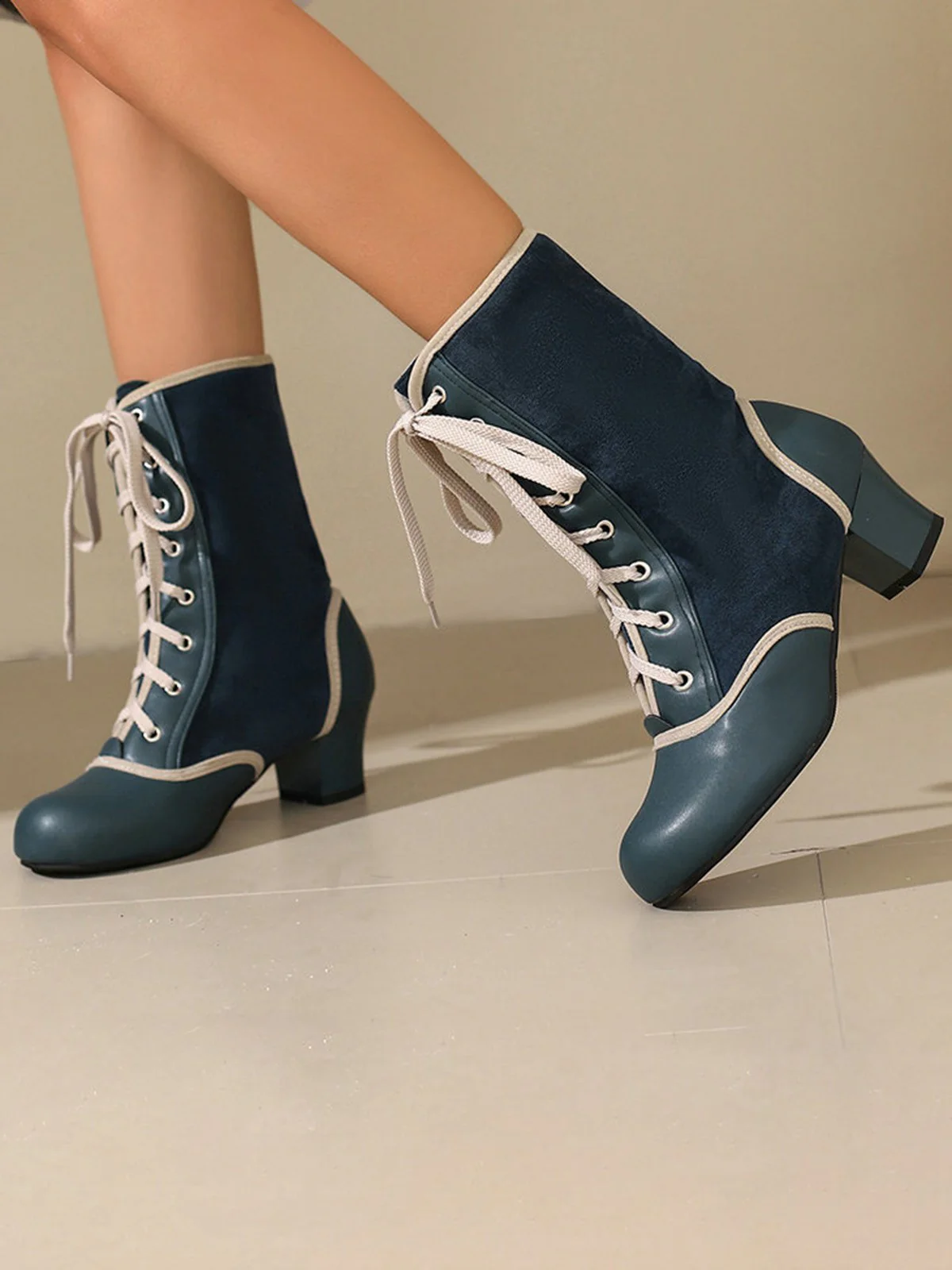 Vintage Lace-Up Faux Suede & Leather Mid Calf Boots - Image 11