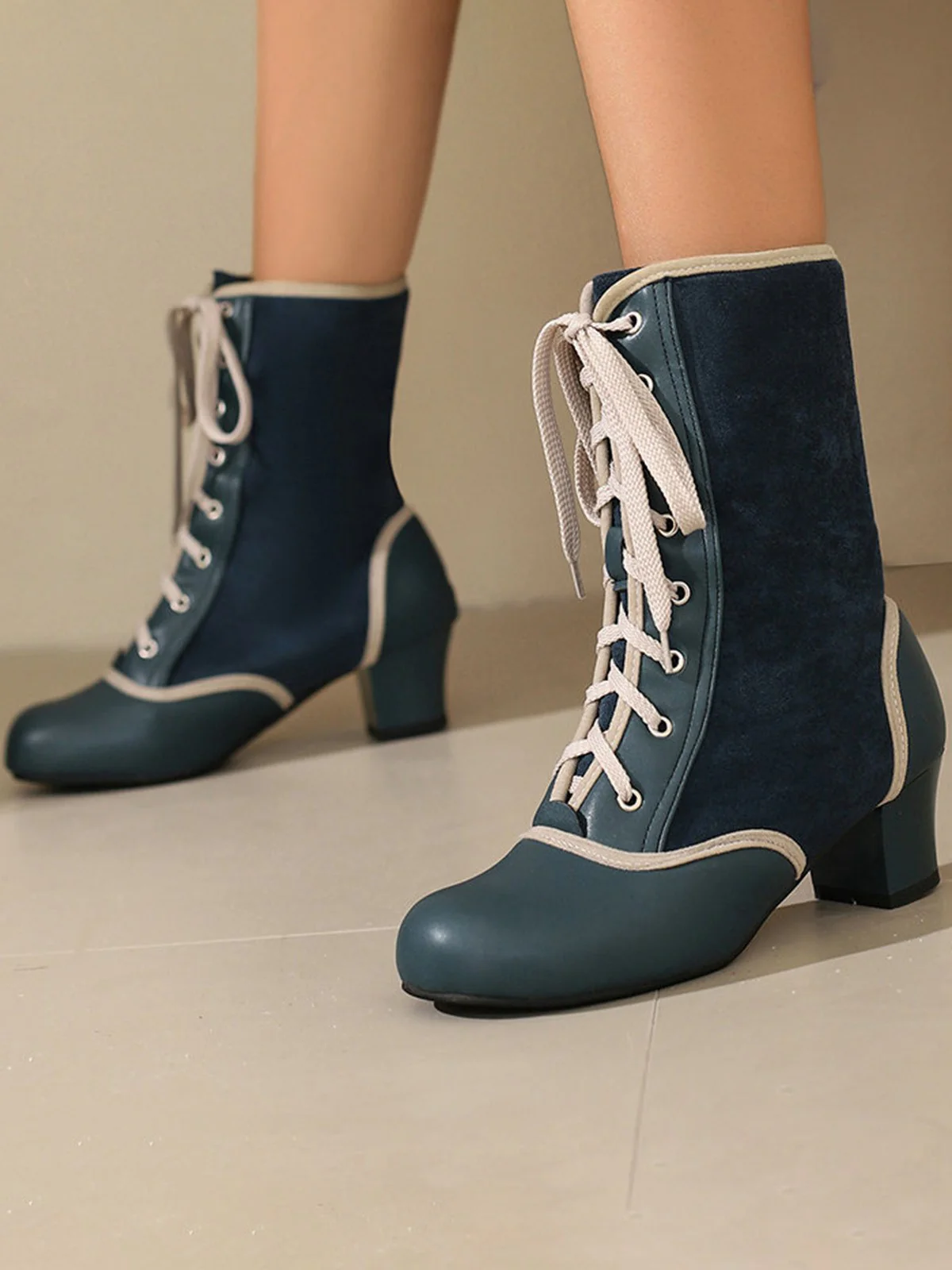 Vintage Lace-Up Faux Suede & Leather Mid Calf Boots - Image 12