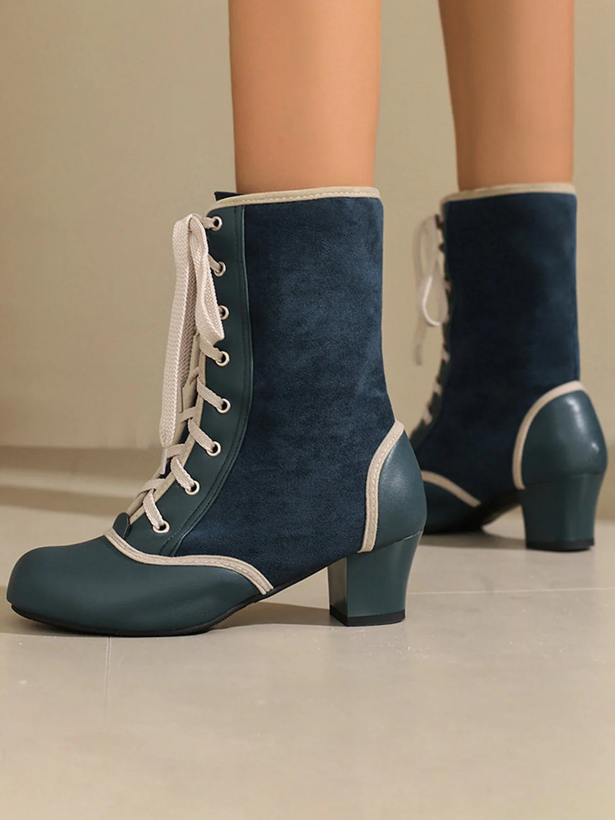 Vintage Lace-Up Faux Suede & Leather Mid Calf Boots - Image 13