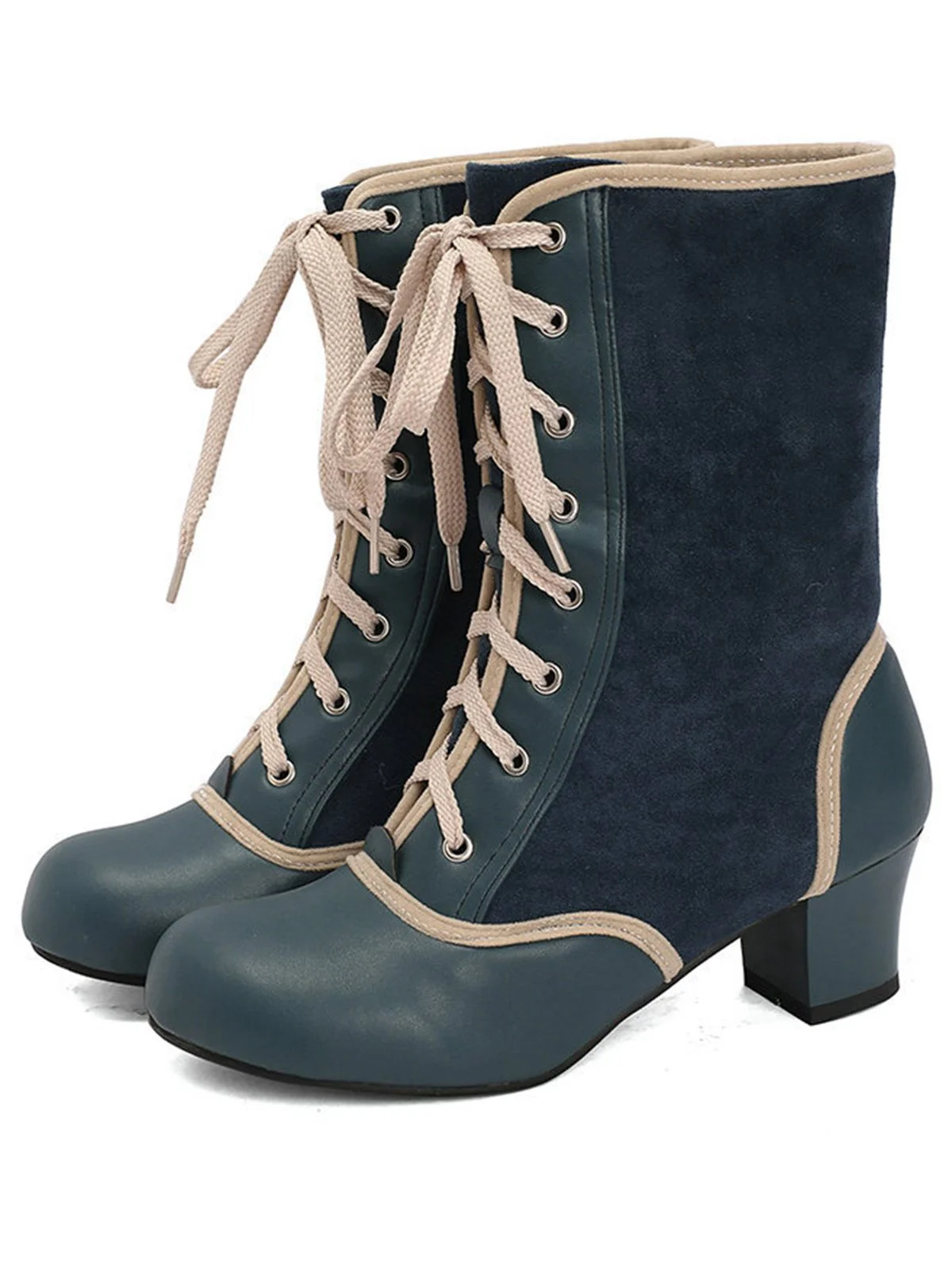 Vintage Lace-Up Faux Suede & Leather Mid Calf Boots - Image 14