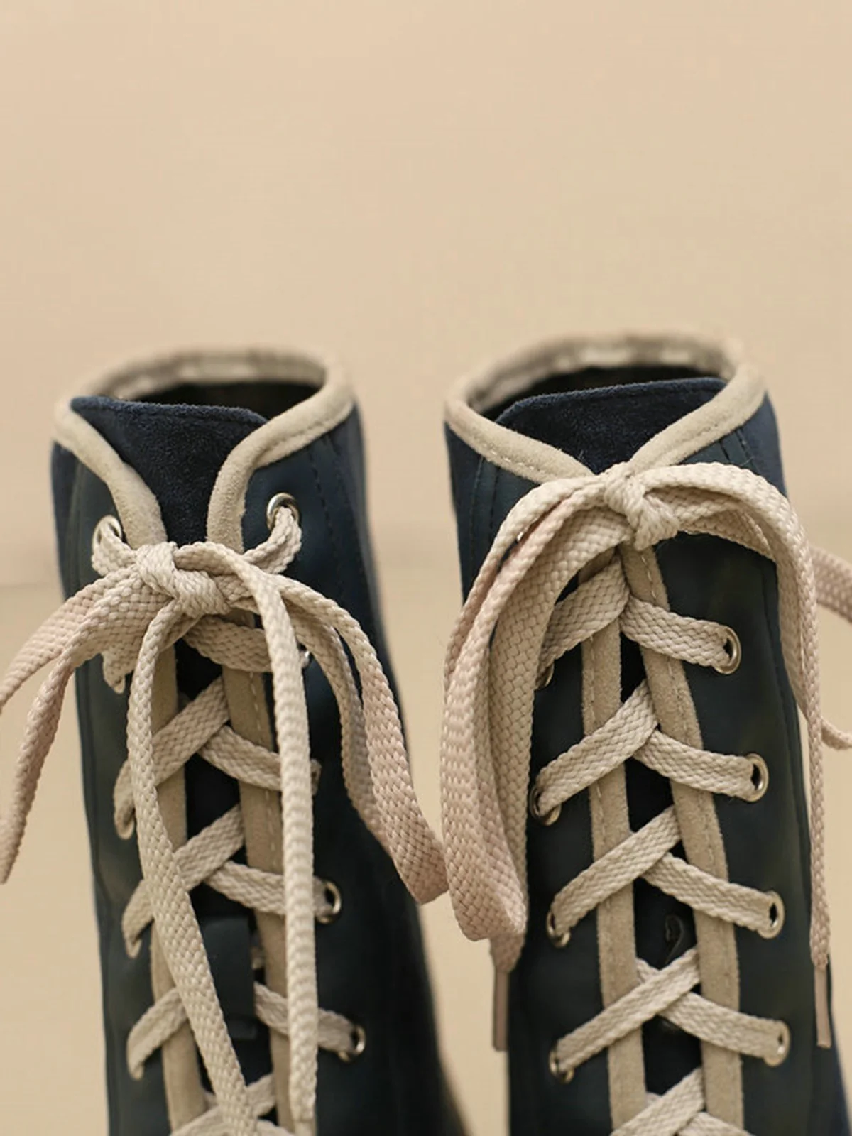 Vintage Lace-Up Faux Suede & Leather Mid Calf Boots - Image 15