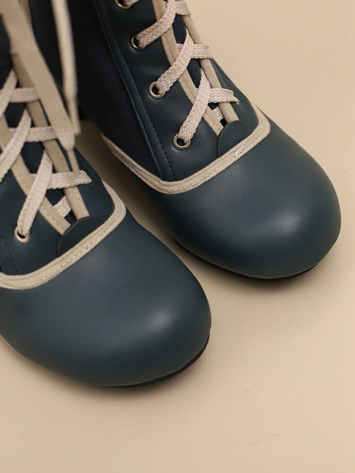 Vintage Lace-Up Faux Suede & Leather Mid Calf Boots - Image 16