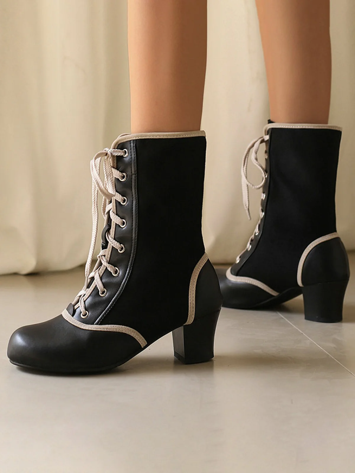 Vintage Lace-Up Faux Suede & Leather Mid Calf Boots - Image 2
