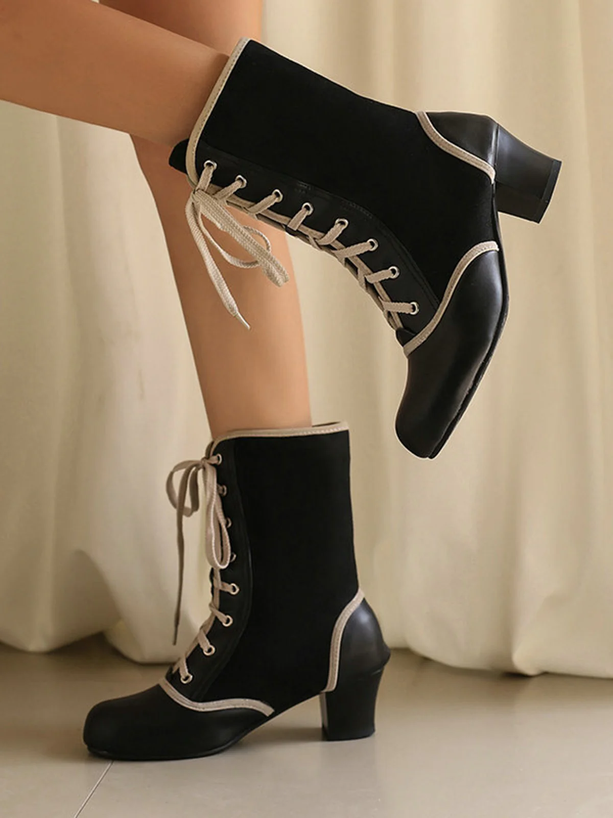 Vintage Lace-Up Faux Suede & Leather Mid Calf Boots - Image 3