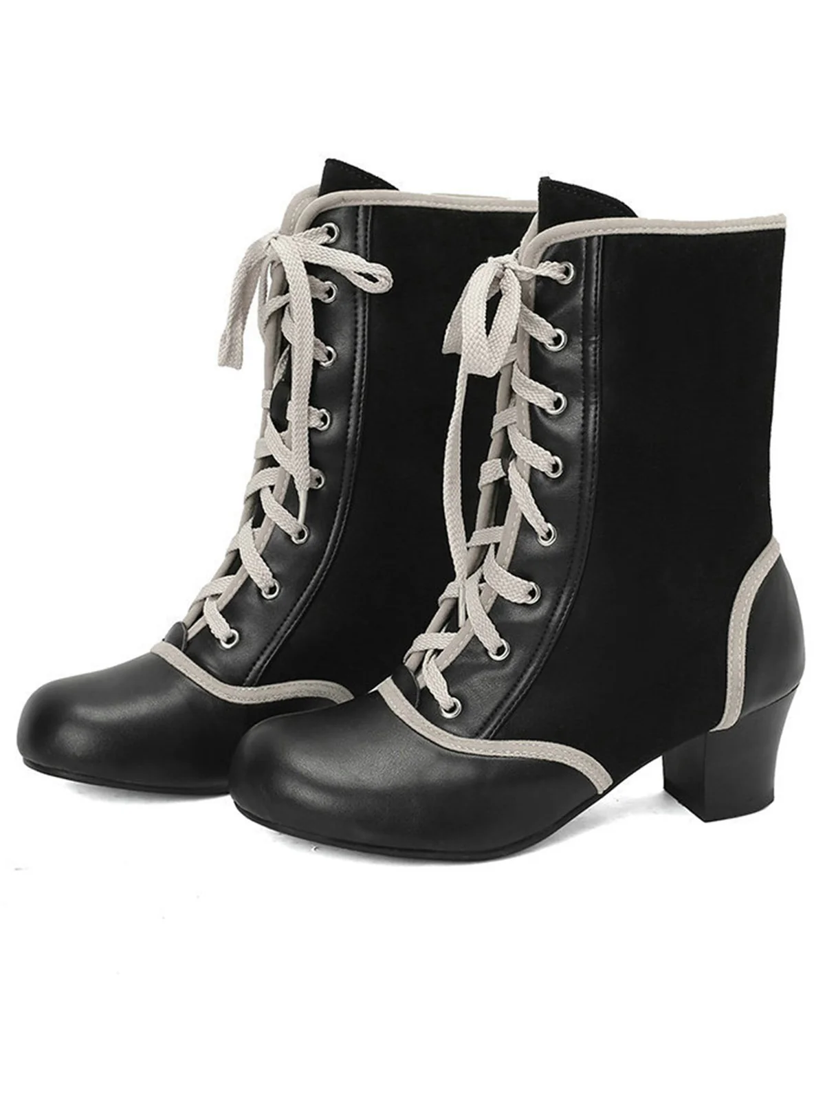 Vintage Lace-Up Faux Suede & Leather Mid Calf Boots - Image 4