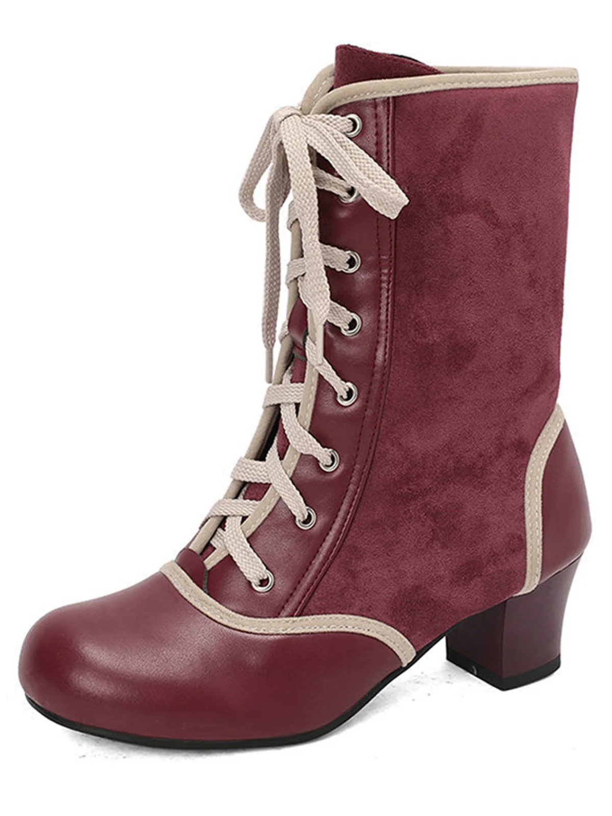 Vintage Lace-Up Faux Suede & Leather Mid Calf Boots - Image 5