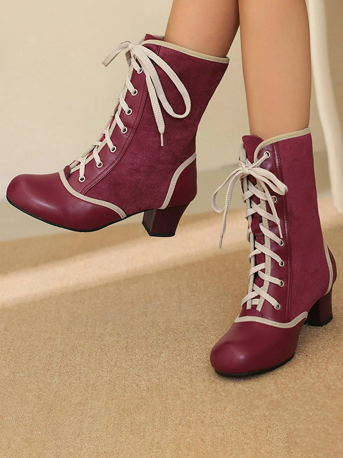 Vintage Lace-Up Faux Suede & Leather Mid Calf Boots - Image 6