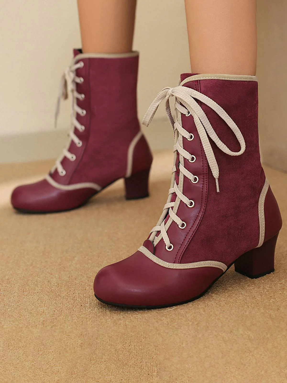 Vintage Lace-Up Faux Suede & Leather Mid Calf Boots - Image 7