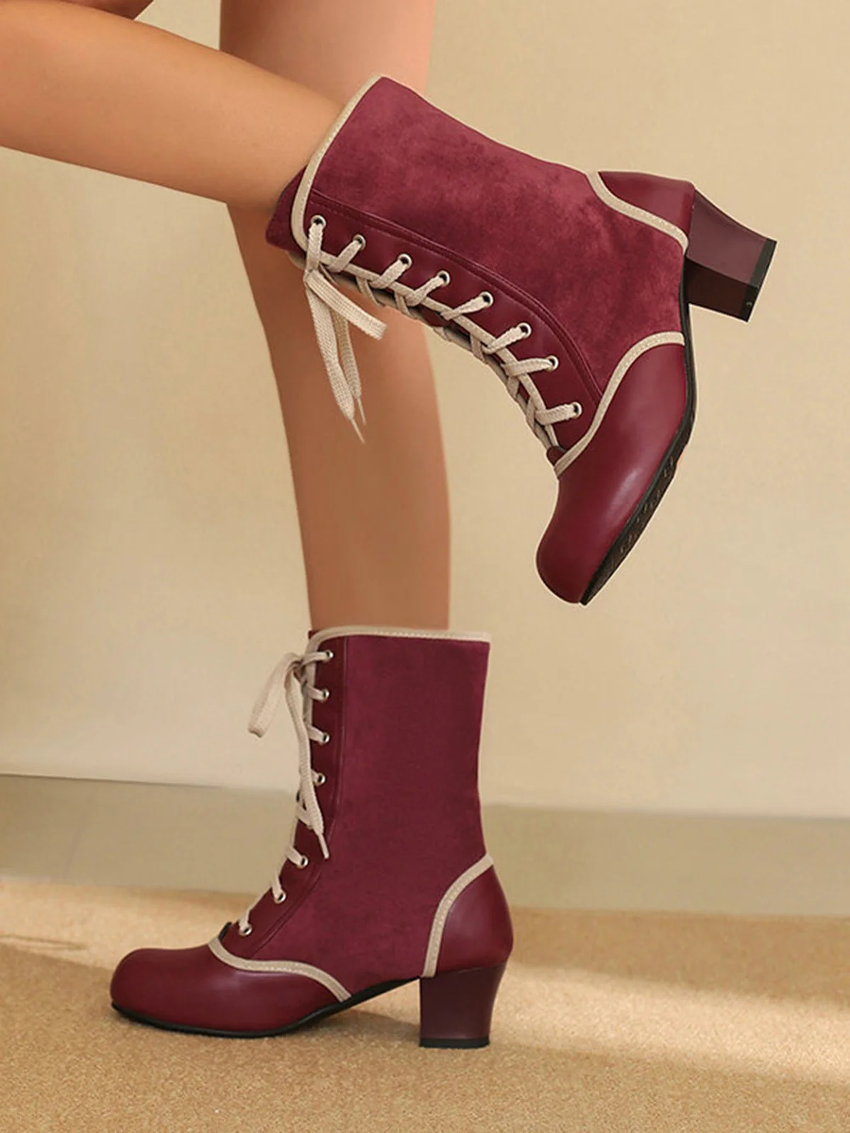 Vintage Lace-Up Faux Suede & Leather Mid Calf Boots - Image 8