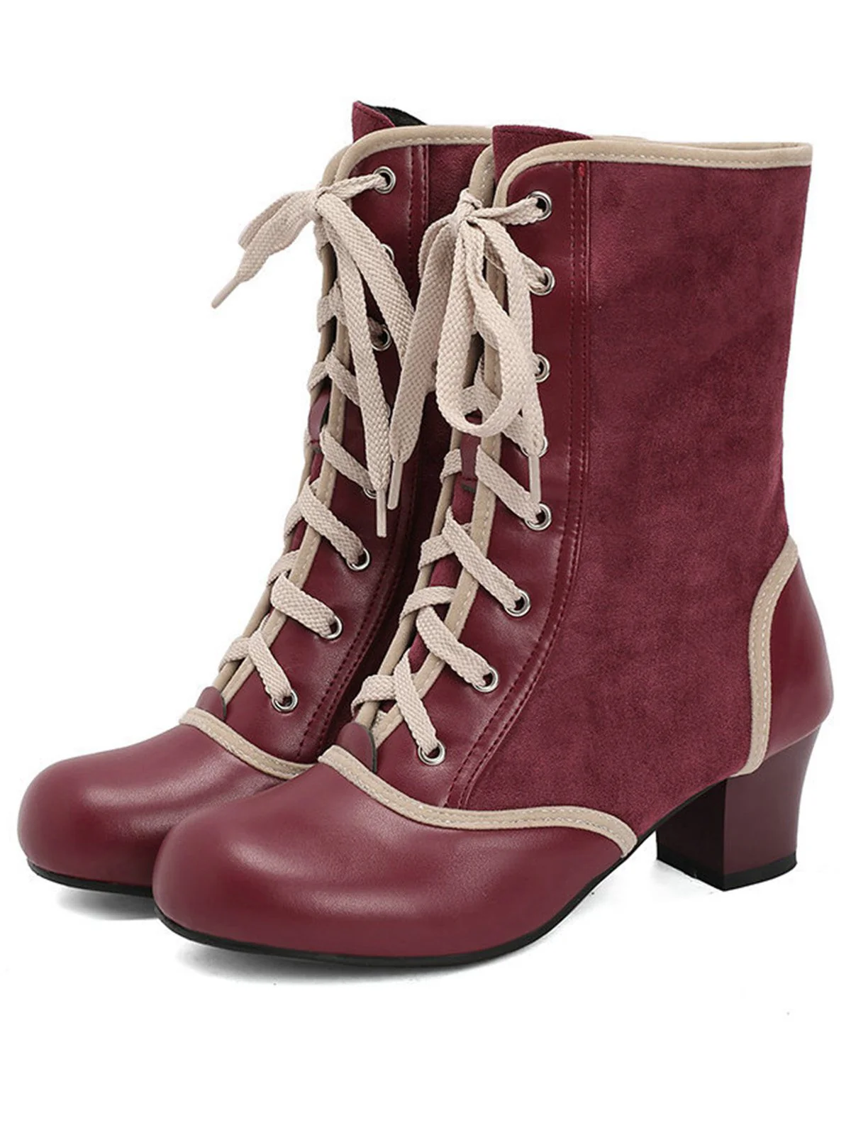 Vintage Lace-Up Faux Suede & Leather Mid Calf Boots - Image 9