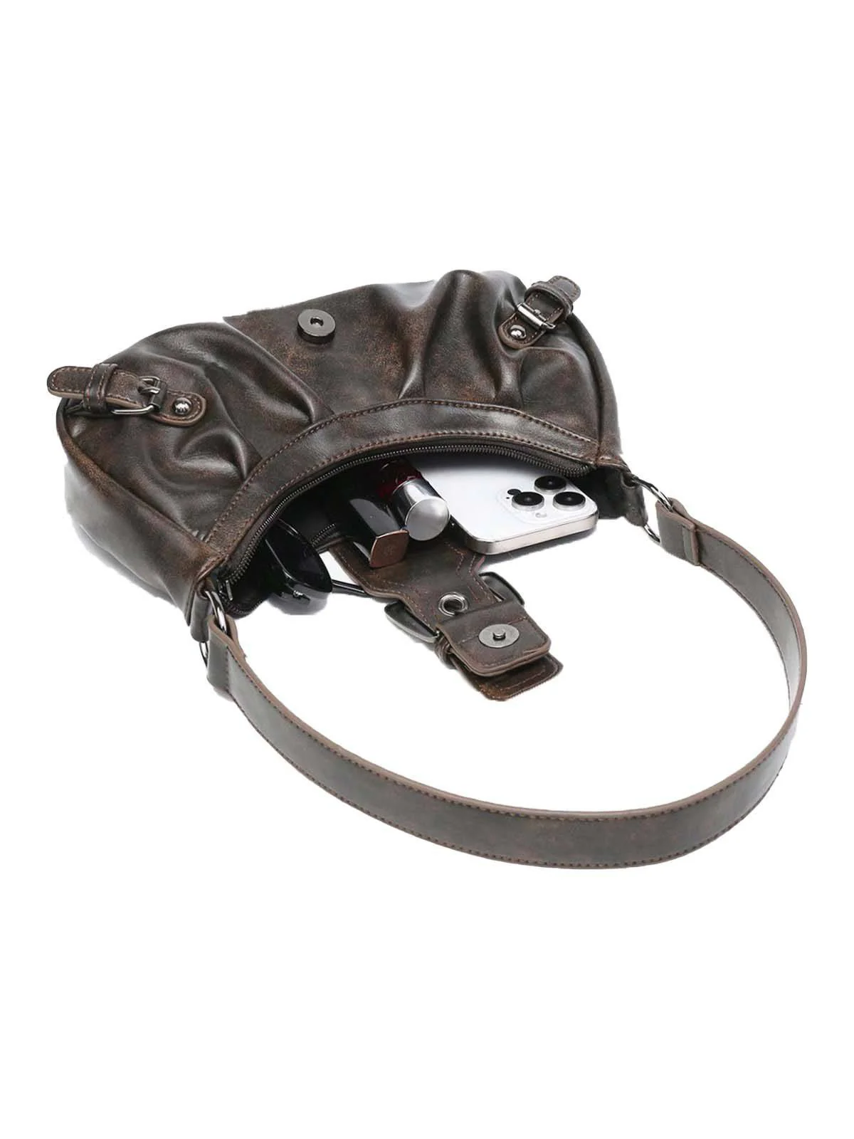 Vintage Leather Buckle Design Shoulder Bag - Image 11