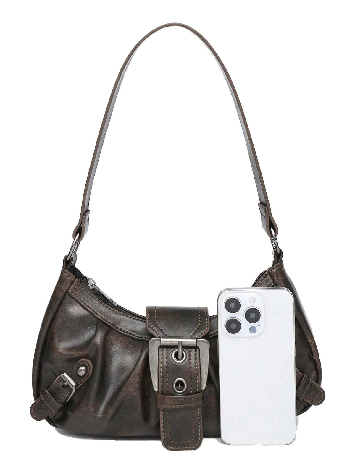 Vintage Leather Buckle Design Shoulder Bag - Image 9
