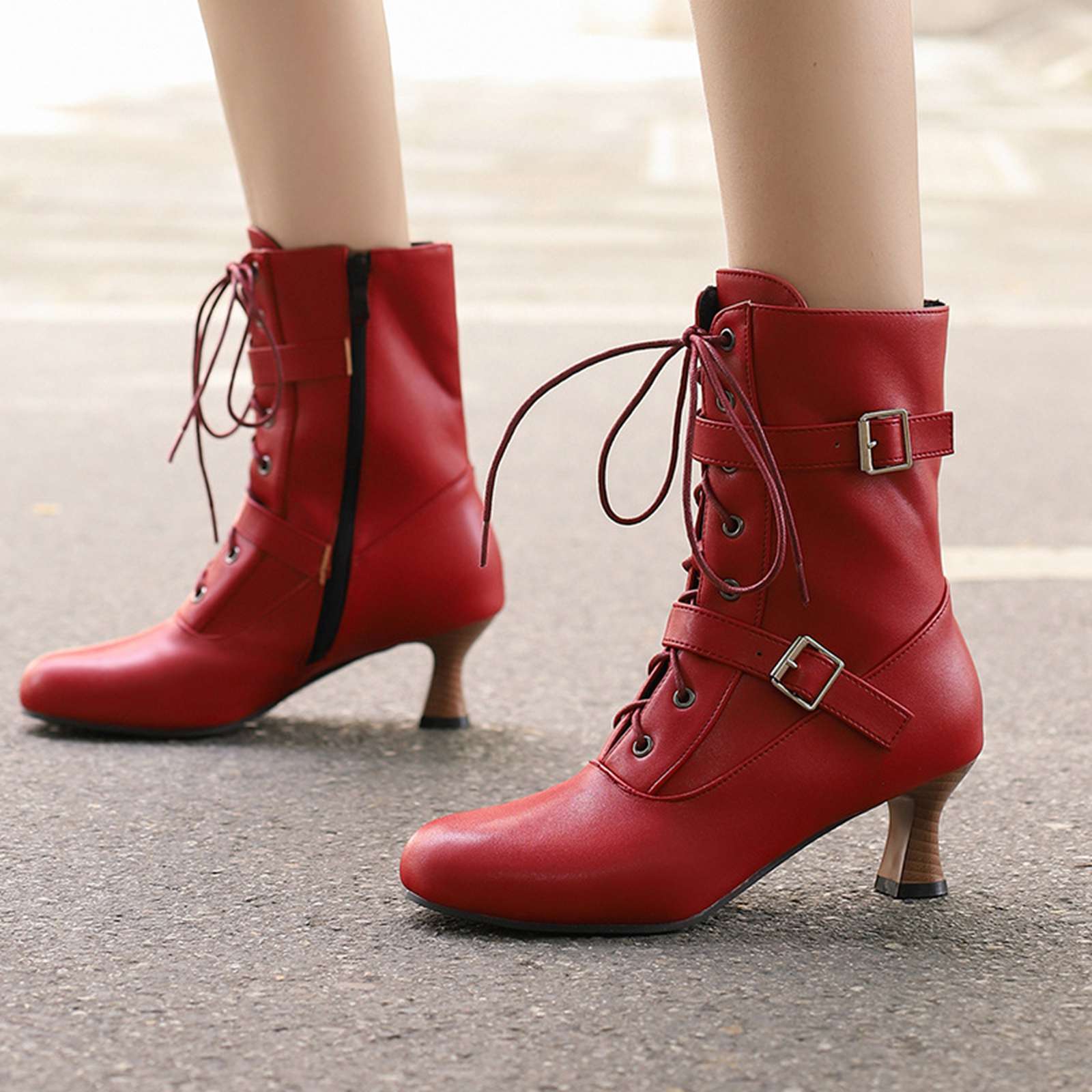 Vintage Leather Lace-up High Heel Boots - Image 5