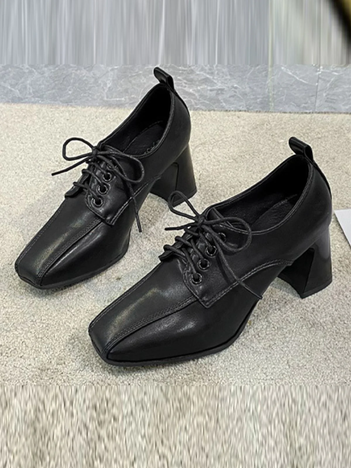 Vintage Leather Pointed Lace-Up High Heels - Image 4
