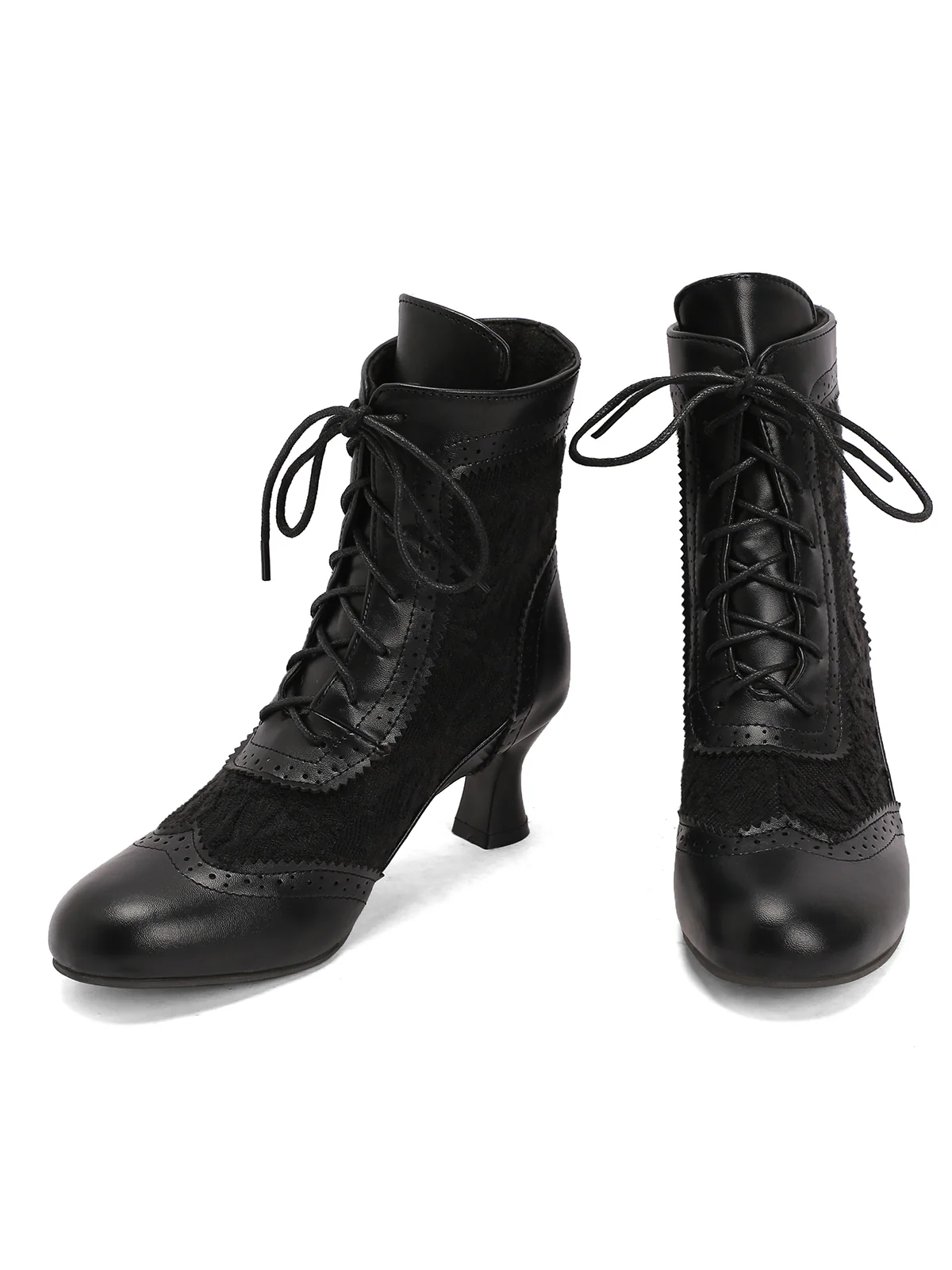 Vintage Leather Solid Lace Heel Boots - Image 3