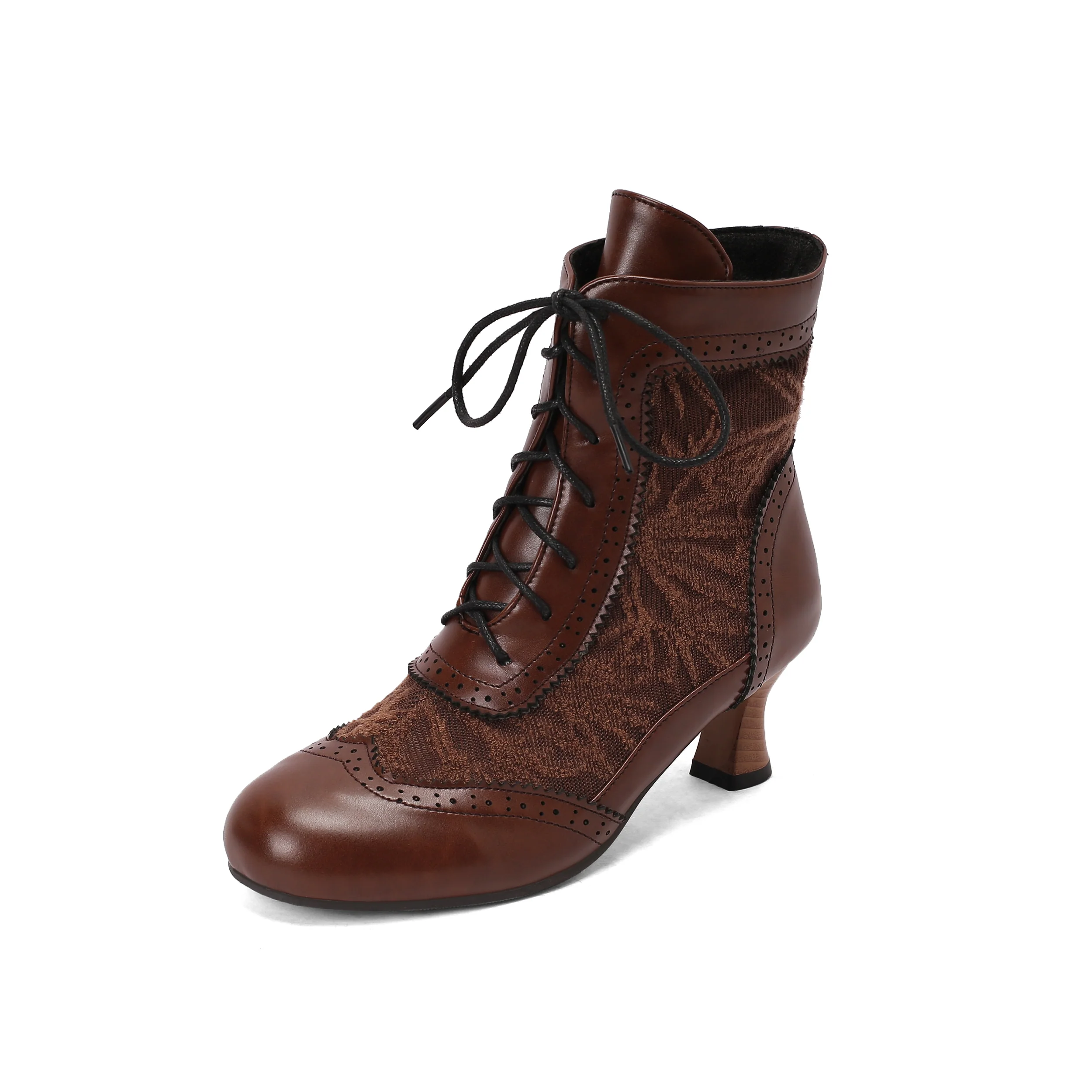 Vintage Leather Solid Lace Heel Boots - Image 5