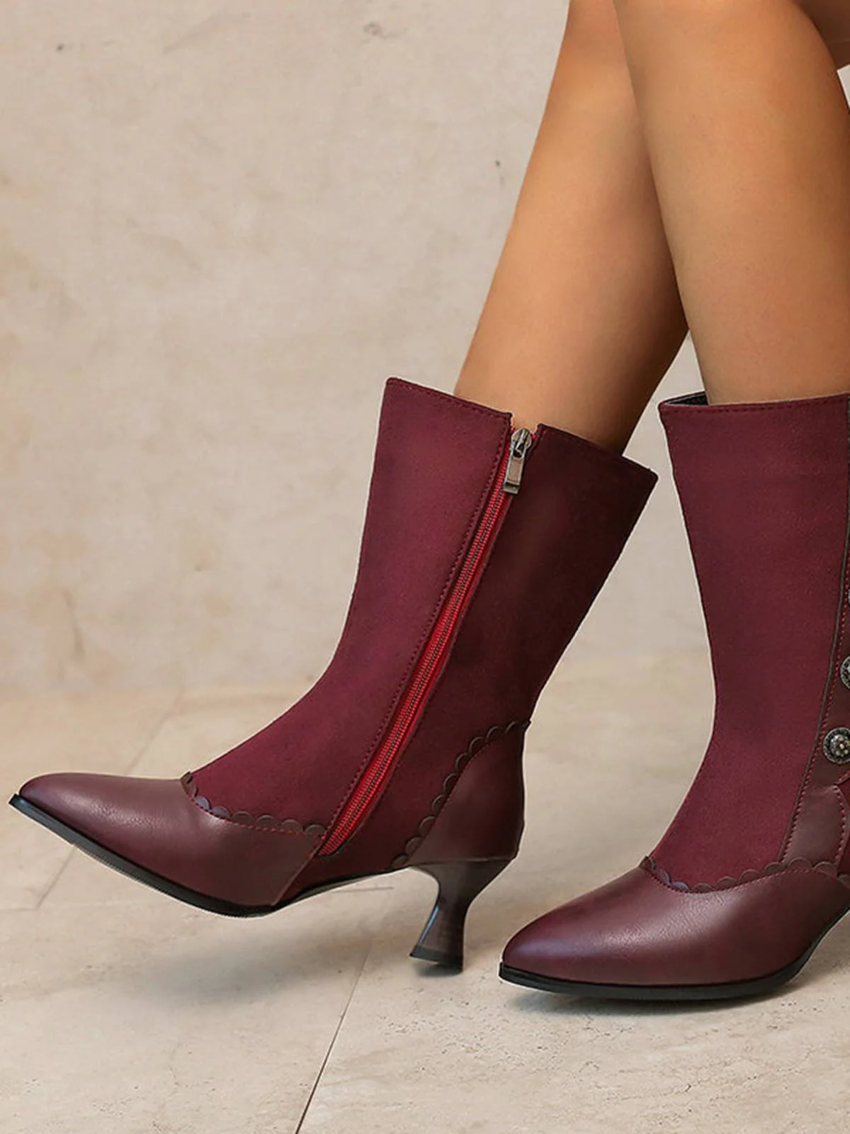 Vintage Leather Suede Button Mid Calf Boots - Image 12
