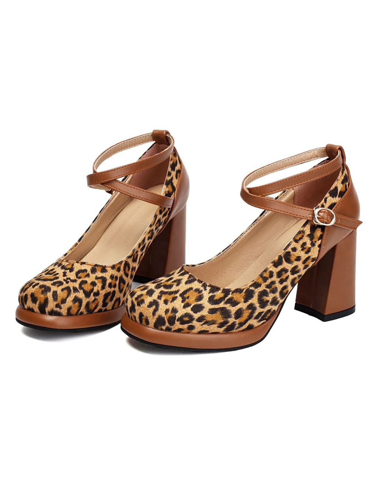 Vintage Leopard Criss-Cross Buckle Chunky Heels - Image 6