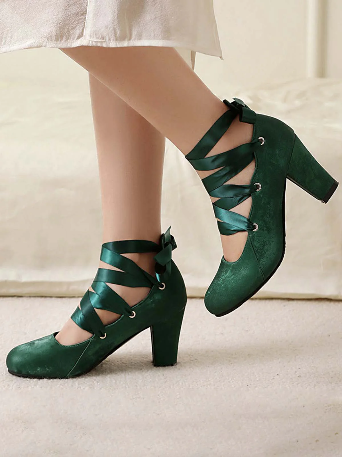 Vintage Mary Jane Ribbon Wrap Up Chunky Heels - Image 10