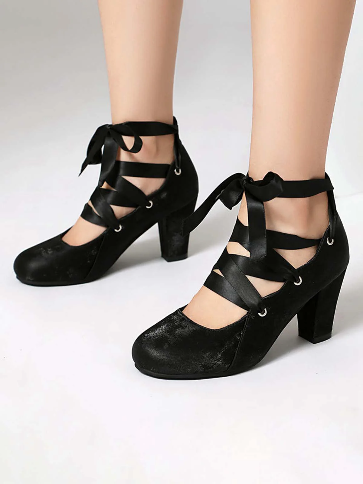 Vintage Mary Jane Ribbon Wrap Up Chunky Heels - Image 2
