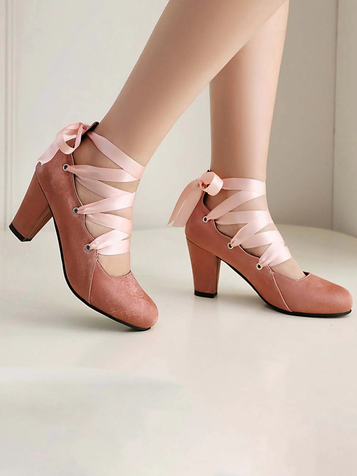 Vintage Mary Jane Ribbon Wrap Up Chunky Heels - Image 4