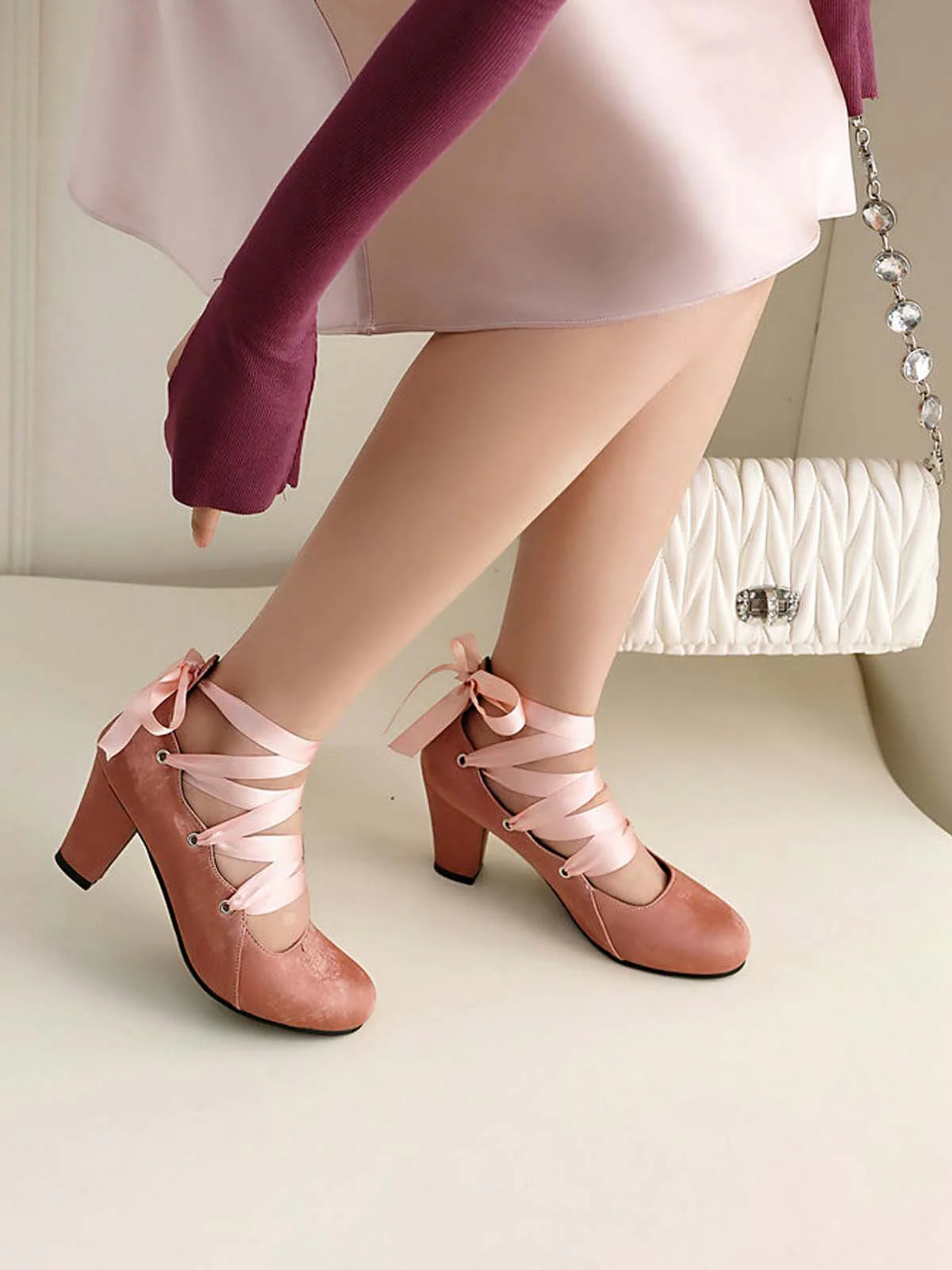 Vintage Mary Jane Ribbon Wrap Up Chunky Heels - Image 5