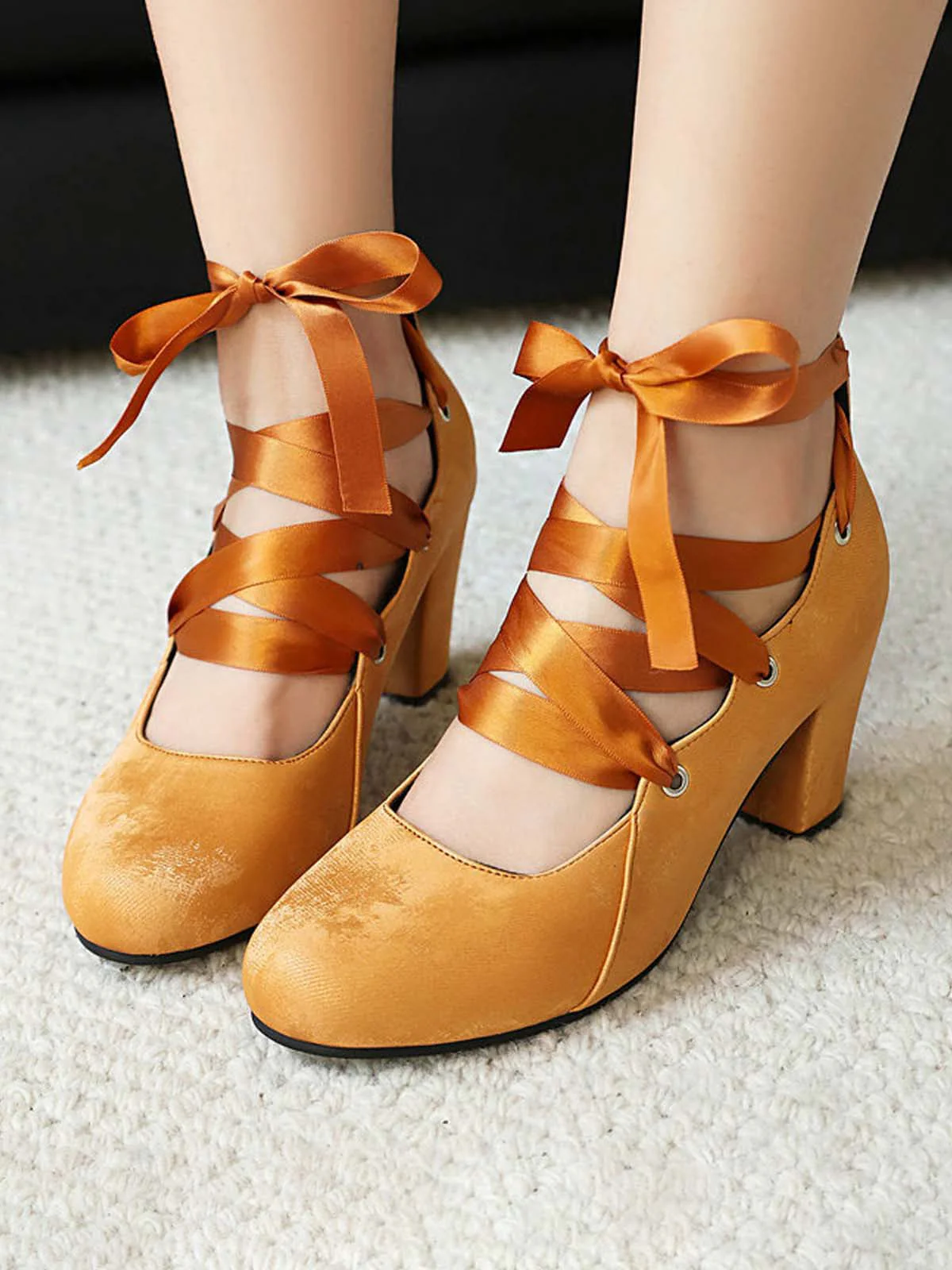 Vintage Mary Jane Ribbon Wrap Up Chunky Heels - Image 7