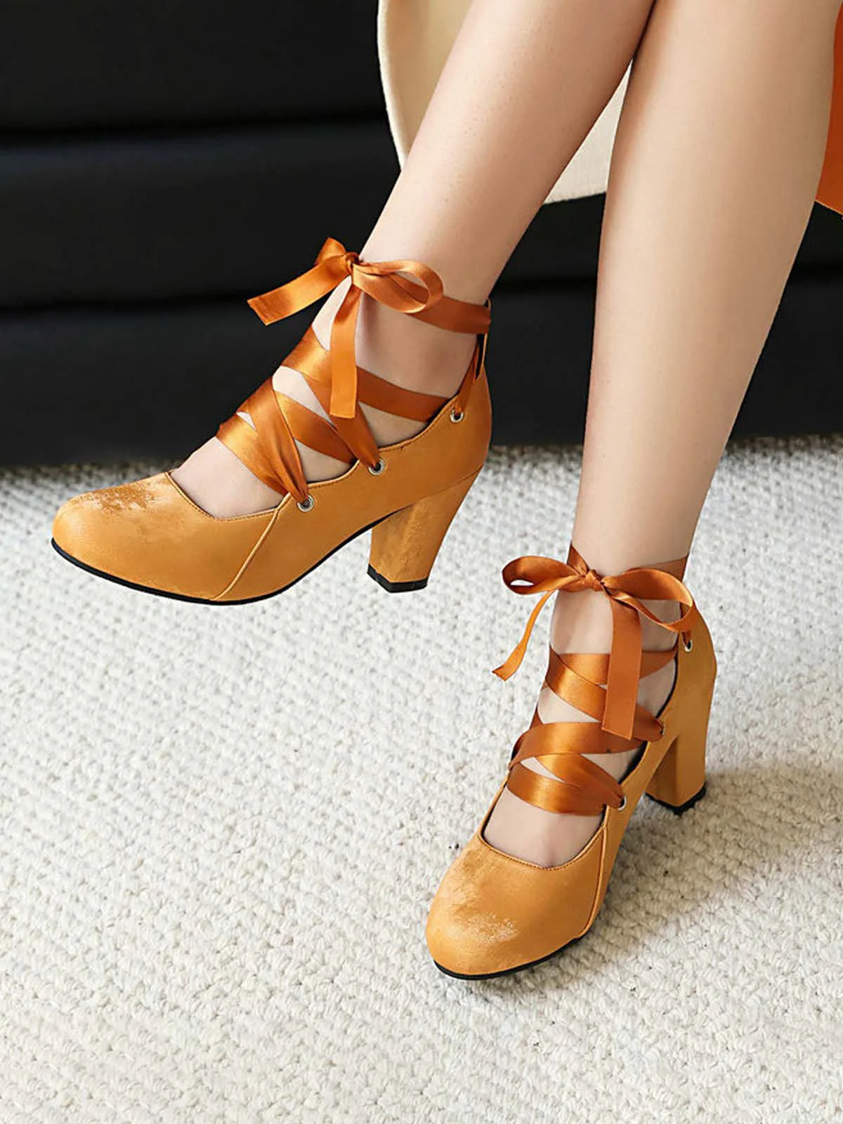 Vintage Mary Jane Ribbon Wrap Up Chunky Heels - Image 8