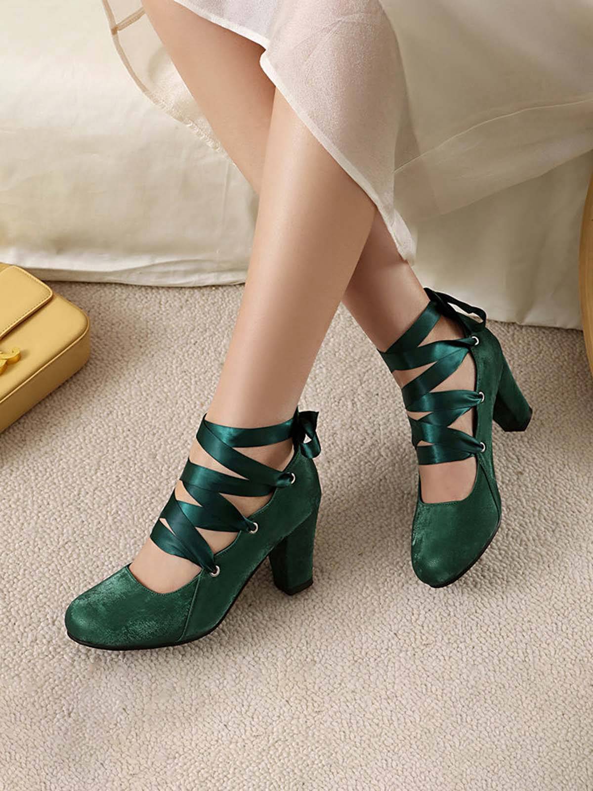 Vintage Mary Jane Ribbon Wrap Up Chunky Heels - Image 9
