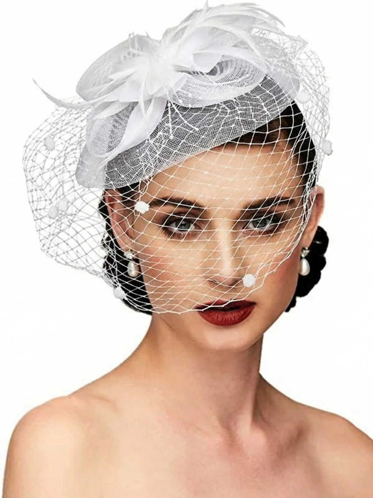 Vintage Mesh Feather Bow Hair Accessories - Image 3