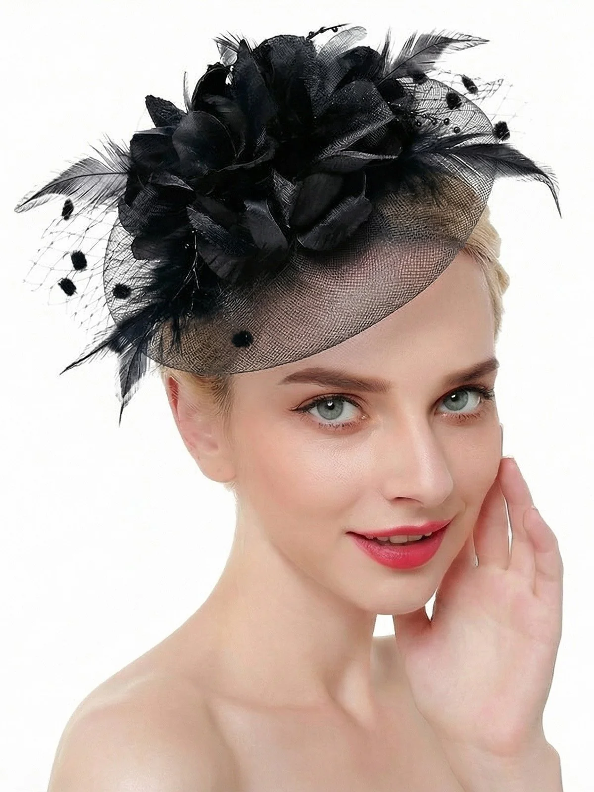 Vintage Mesh Flowers Feathers Bridal Fascinator Headpiece - Image 2