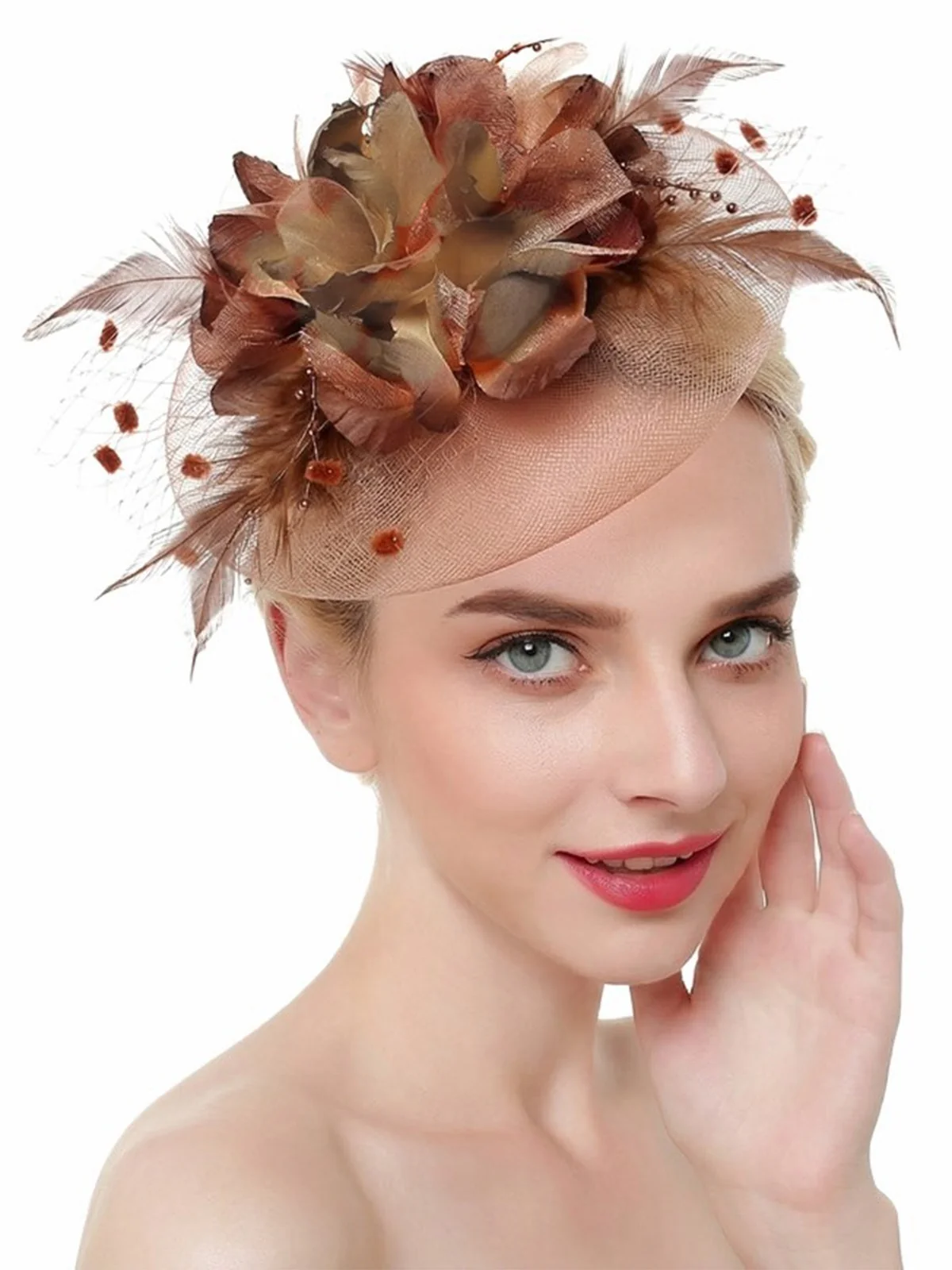 Vintage Mesh Flowers Feathers Bridal Fascinator Headpiece - Image 3