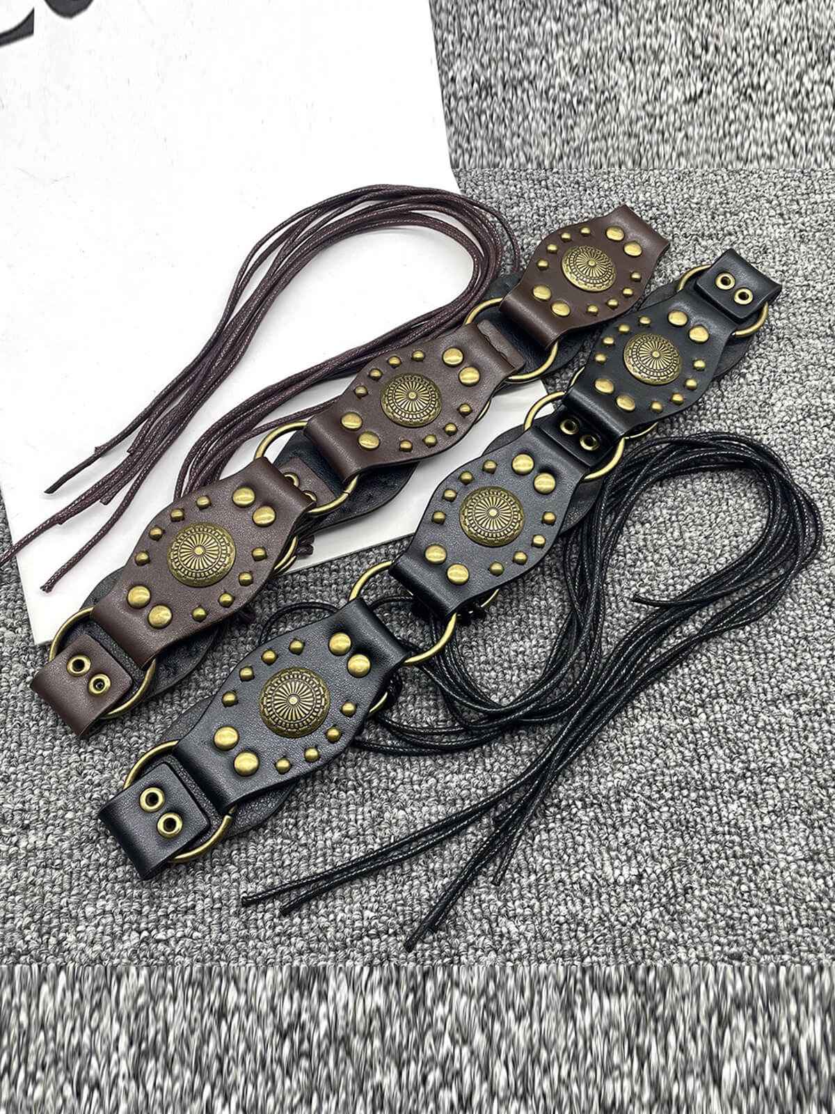 Vintage Metal Buckle Lace-Up Leather Belt - Image 6