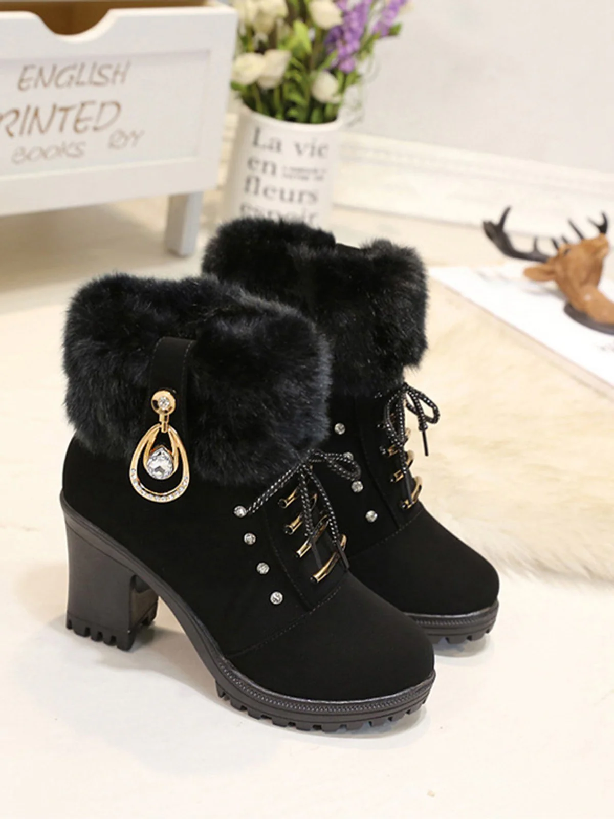 Vintage Nubuck Leather Plush Chunky Heel Boots - Image 7
