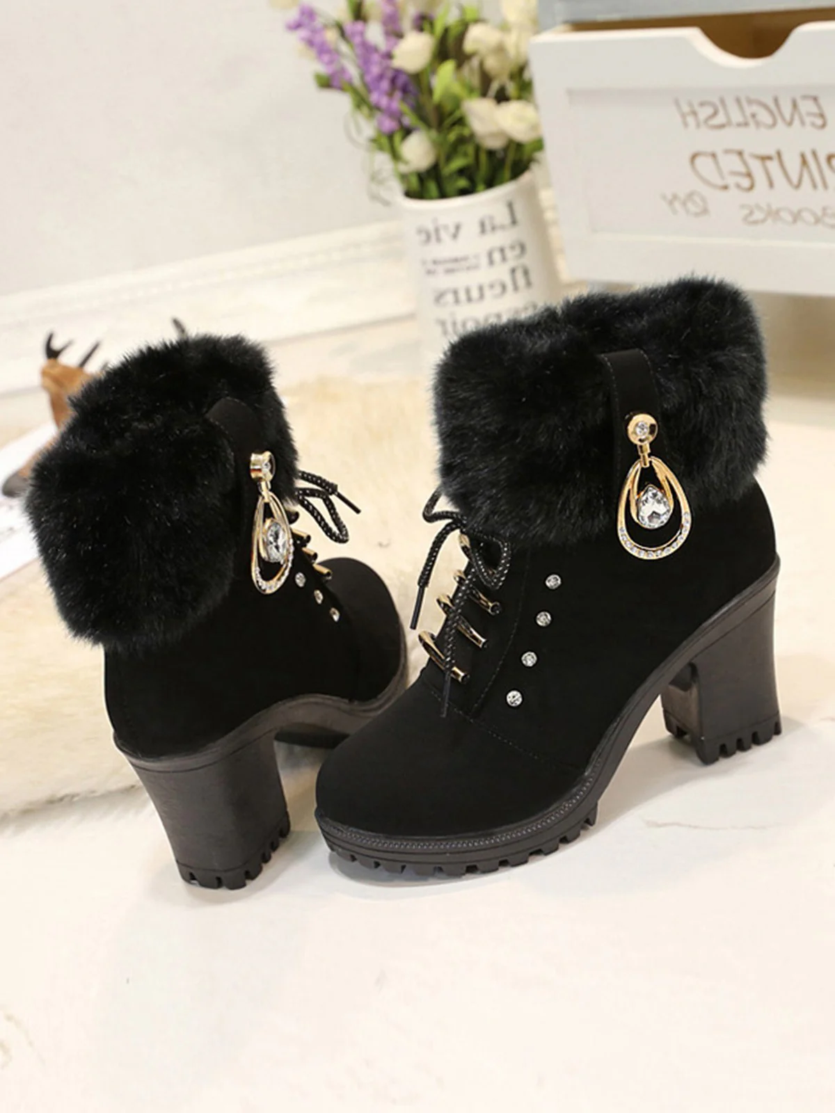 Vintage Nubuck Leather Plush Chunky Heel Boots - Image 8