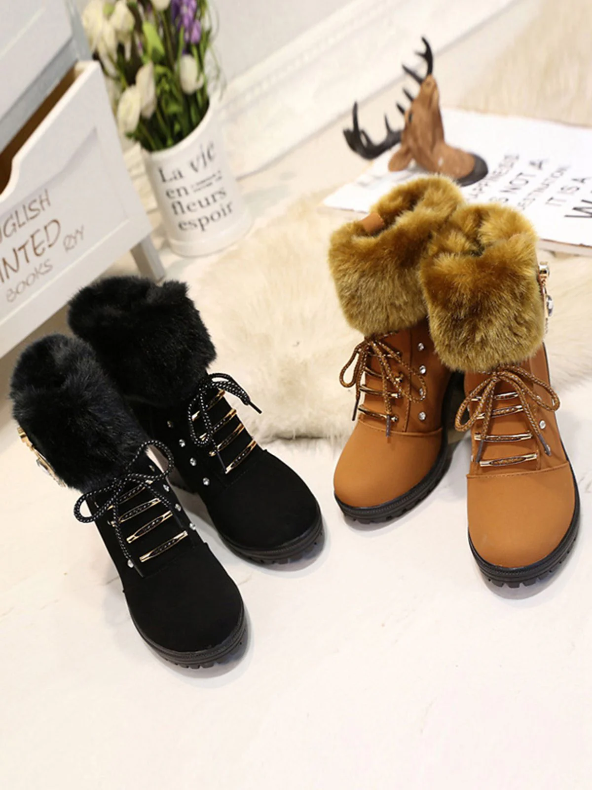 Vintage Nubuck Leather Plush Chunky Heel Boots - Image 12