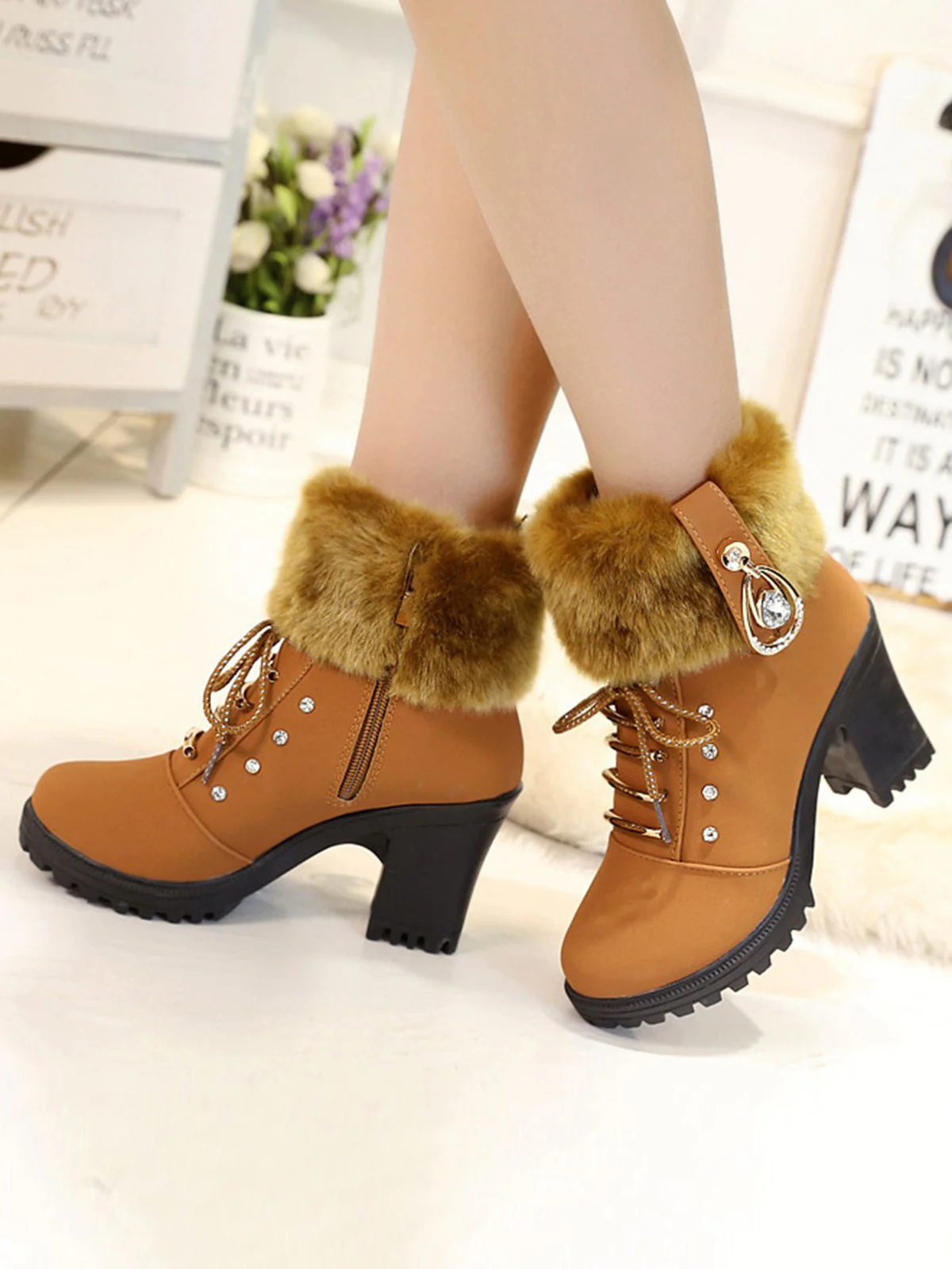 Vintage Nubuck Leather Plush Chunky Heel Boots - Image 5