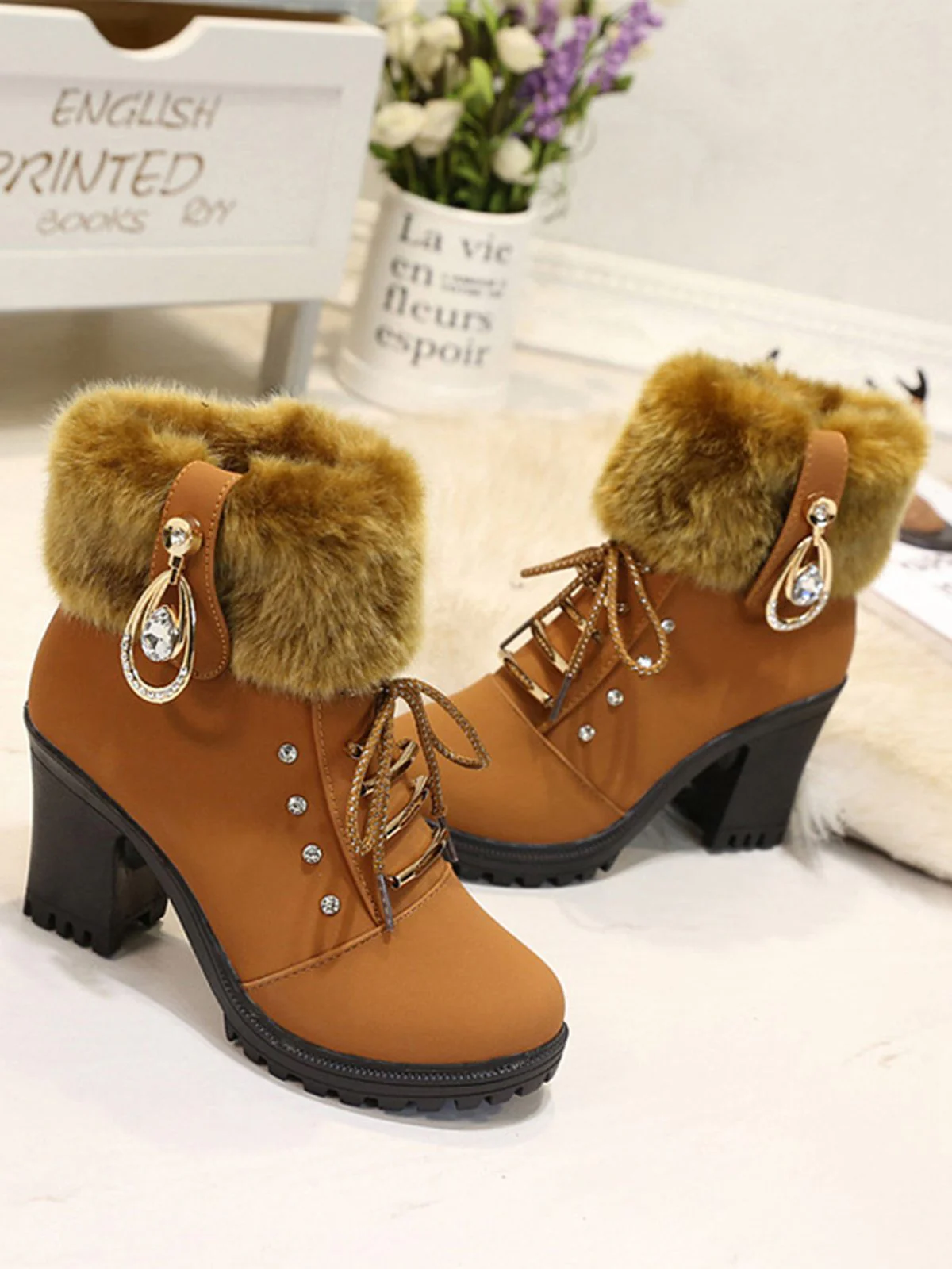 Vintage Nubuck Leather Plush Chunky Heel Boots - Image 9