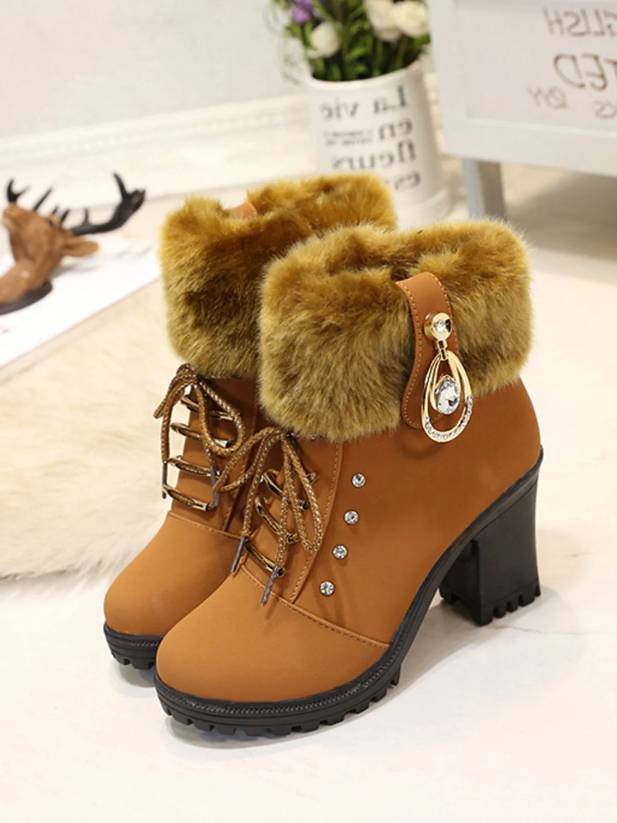 Vintage Nubuck Leather Plush Chunky Heel Boots - Image 10