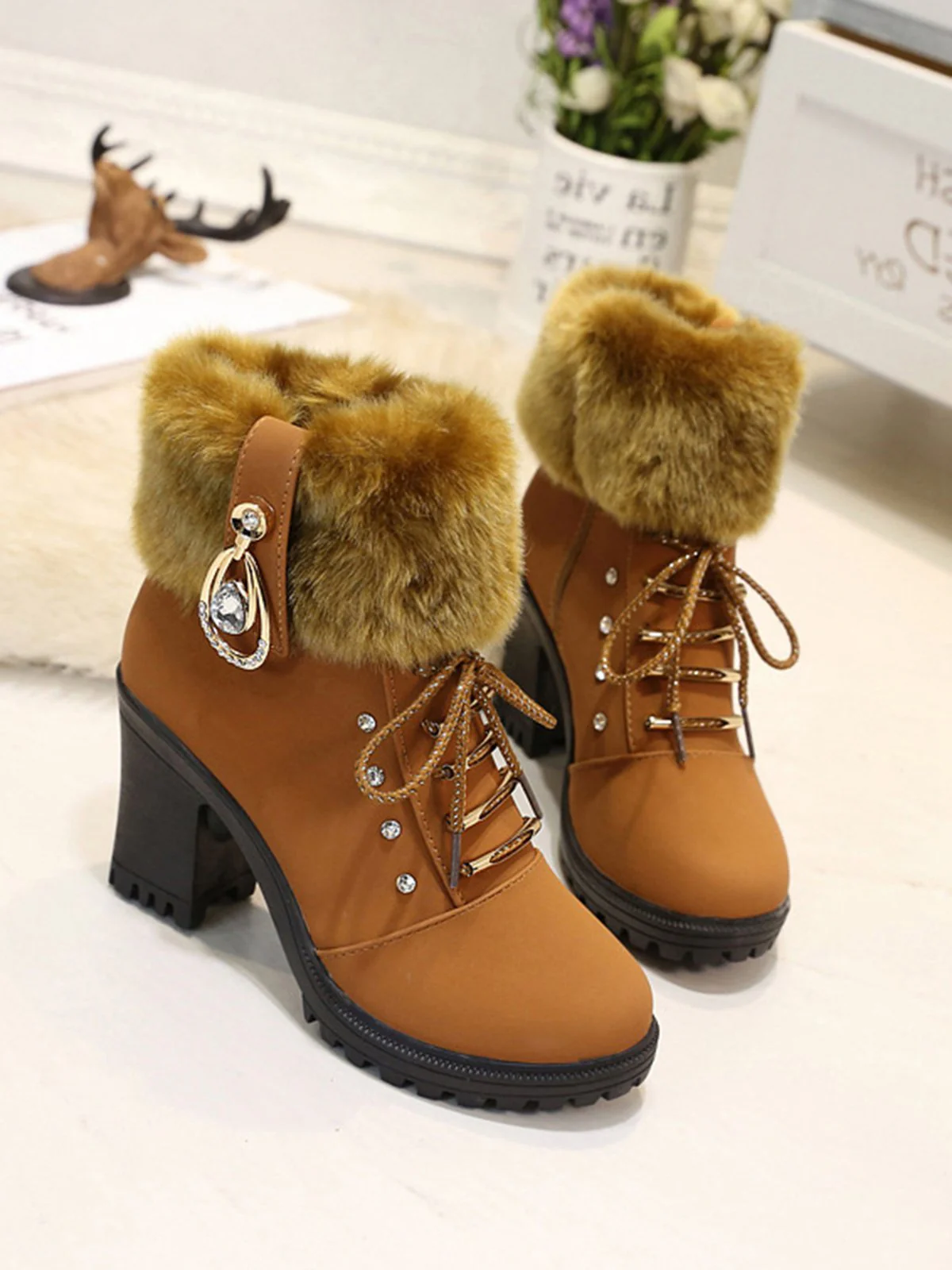 Vintage Nubuck Leather Plush Chunky Heel Boots - Image 11
