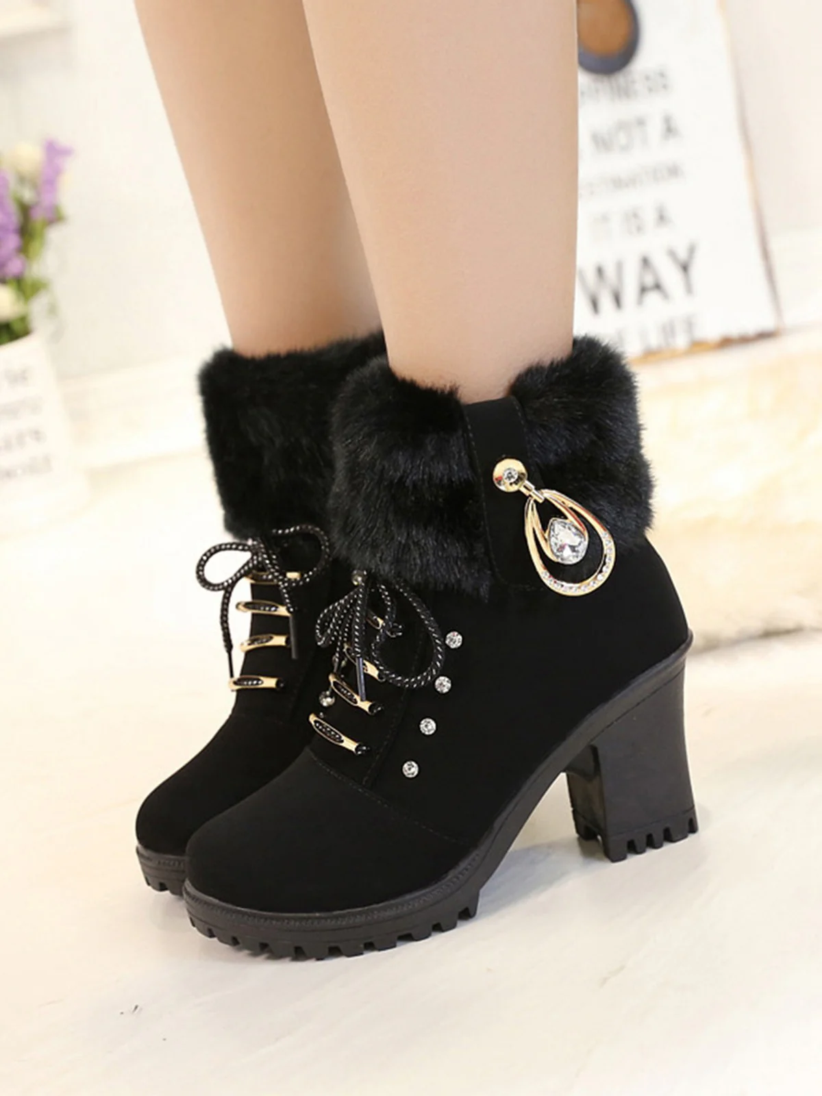 Vintage Nubuck Leather Plush Chunky Heel Boots - Image 3