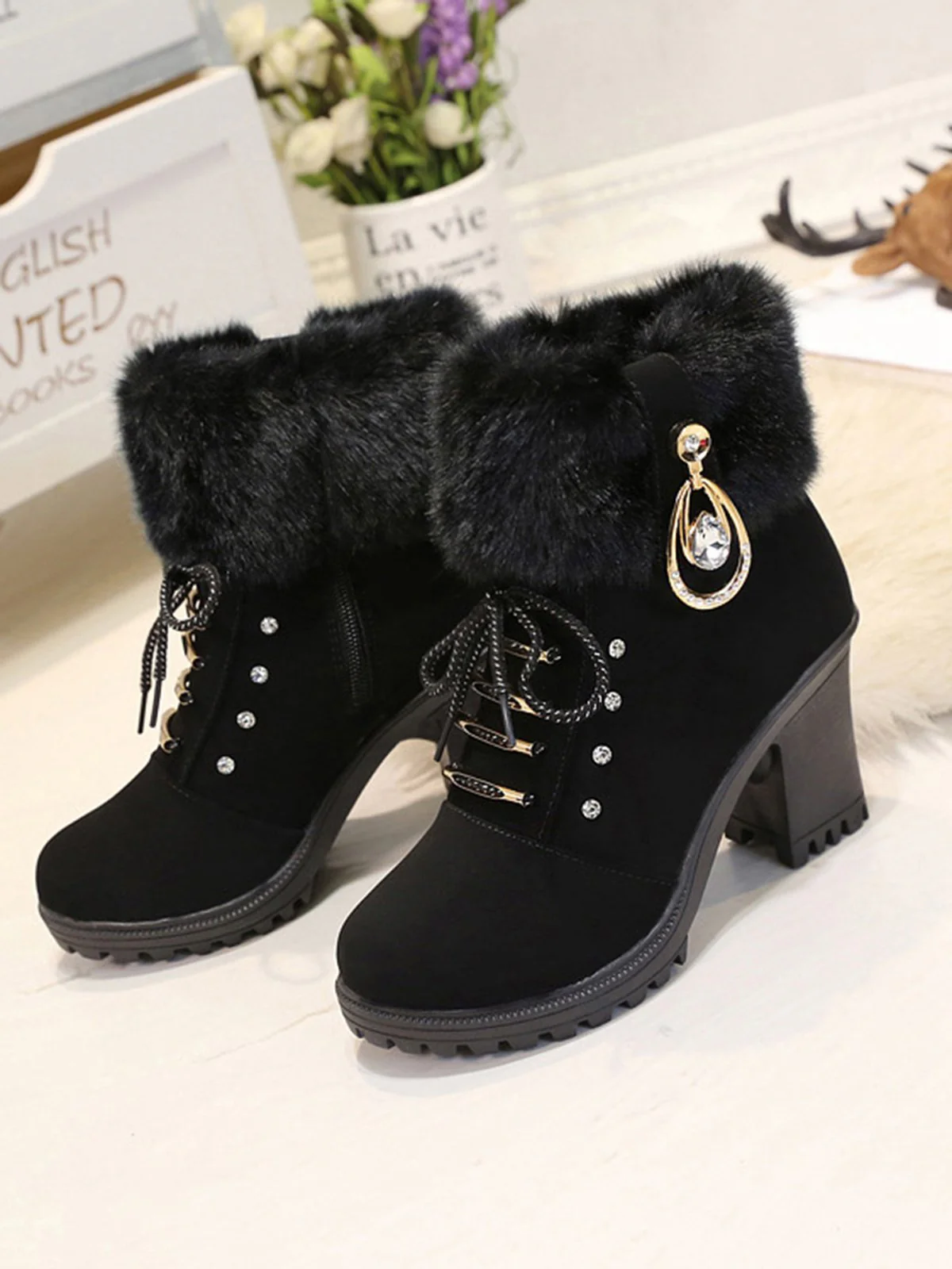 Vintage Nubuck Leather Plush Chunky Heel Boots - Image 6
