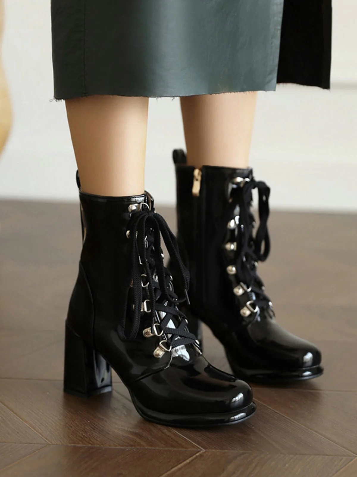 Vintage Patent Leather Lace-Up High Heel Boots - Image 2