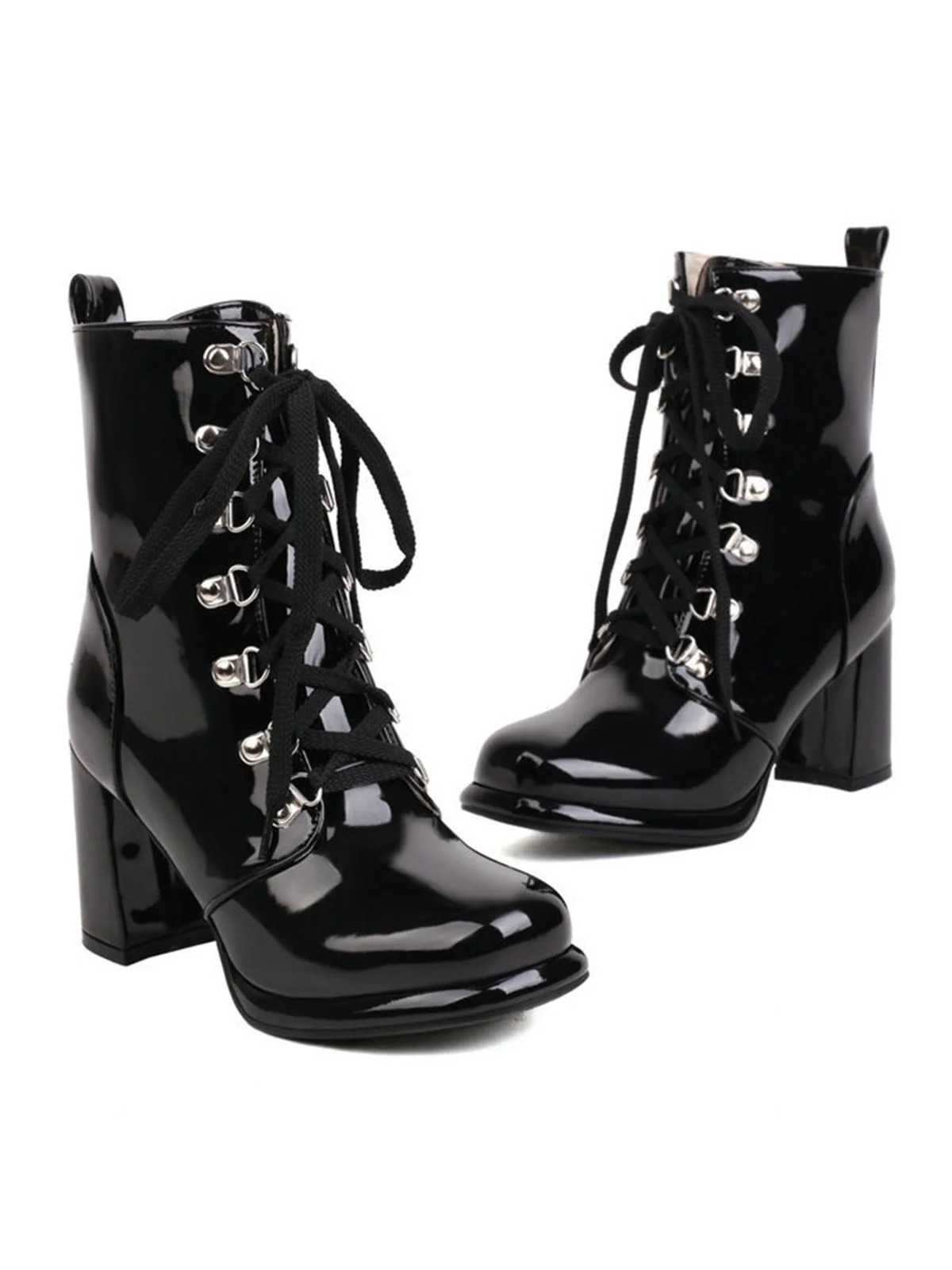 Vintage Patent Leather Lace-Up High Heel Boots - Image 3